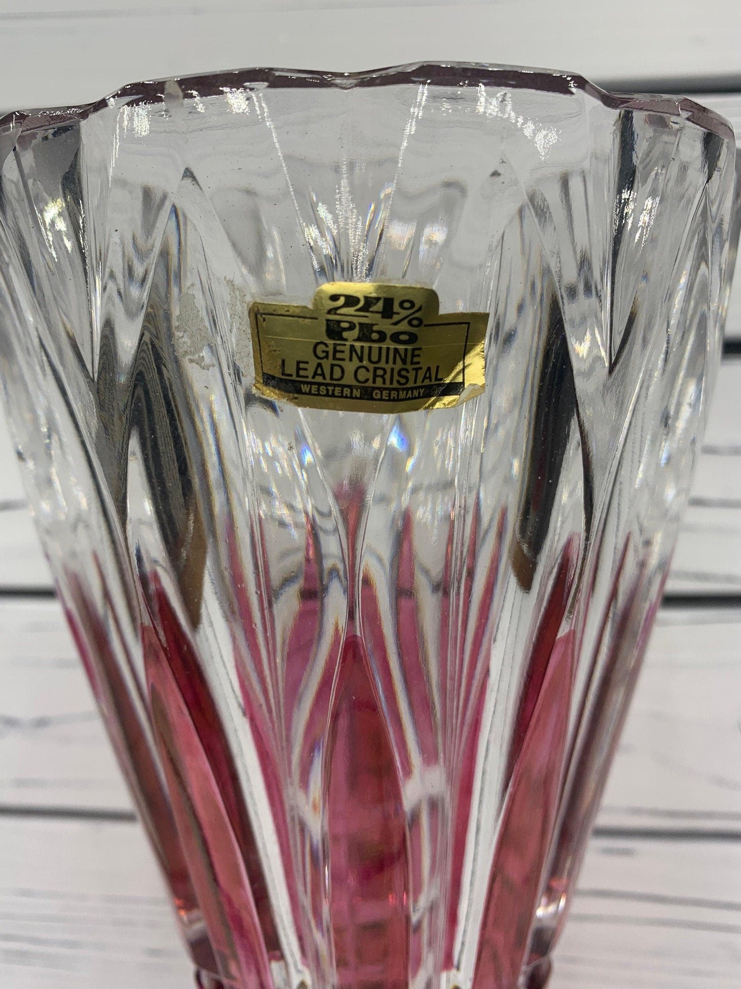Lead Crystal Vase, Made in Germany, Red Clear Crystal Vase With Intricate Design -Located at Funkyhouse Vintage Antique Store, Weiser Idaho