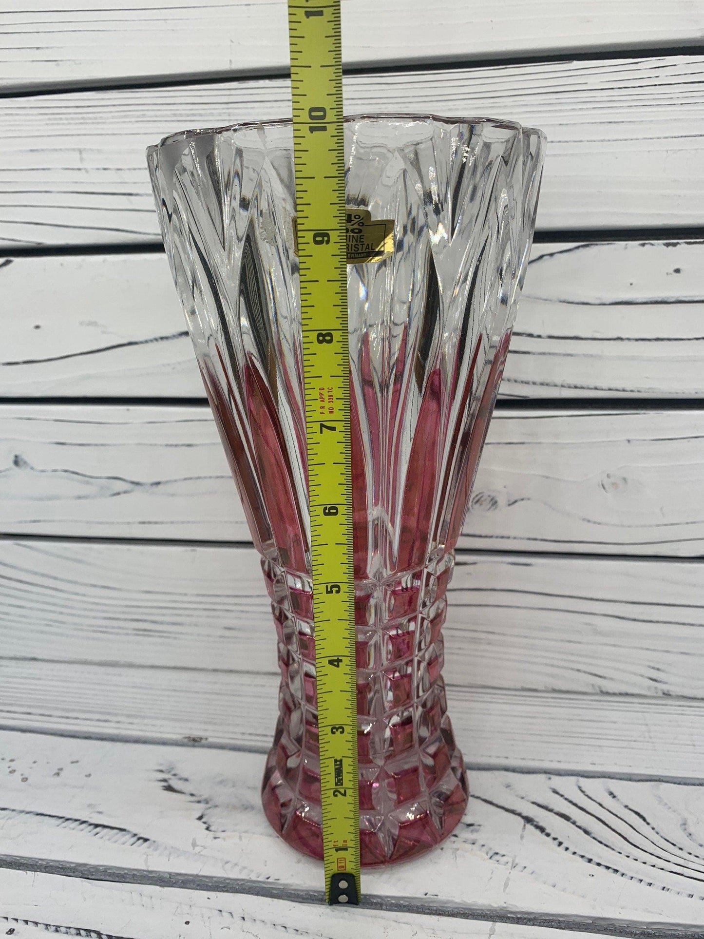 Lead Crystal Vase, Made in Germany, Red Clear Crystal Vase With Intricate Design -Located at Funkyhouse Vintage Antique Store, Weiser Idaho