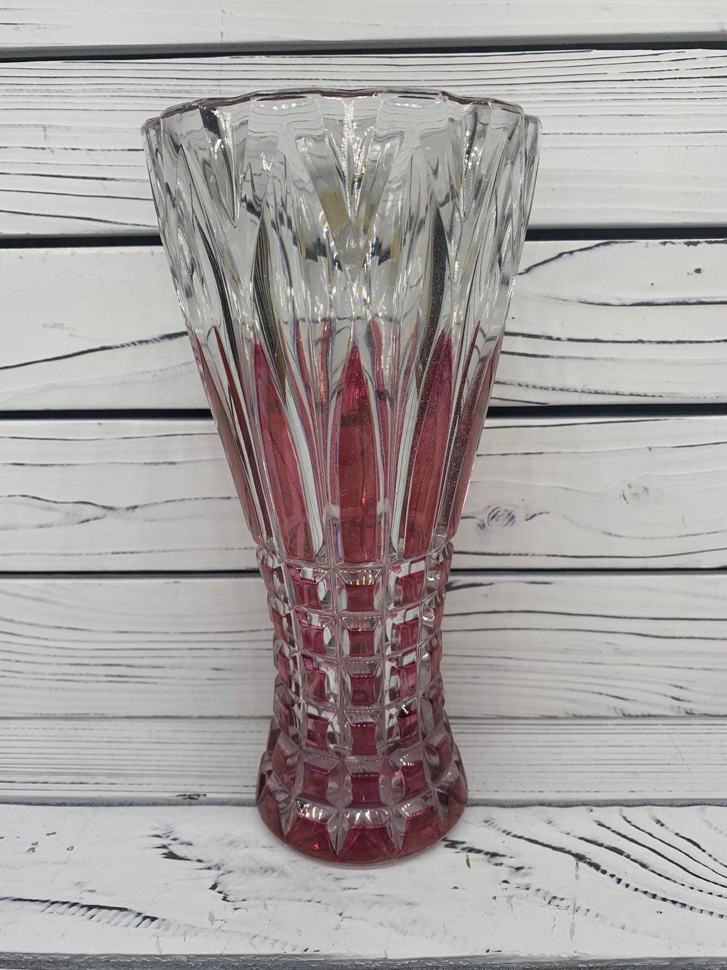 Lead Crystal Vase, Made in Germany, Red Clear Crystal Vase With Intricate Design -Located at Funkyhouse Vintage Antique Store, Weiser Idaho