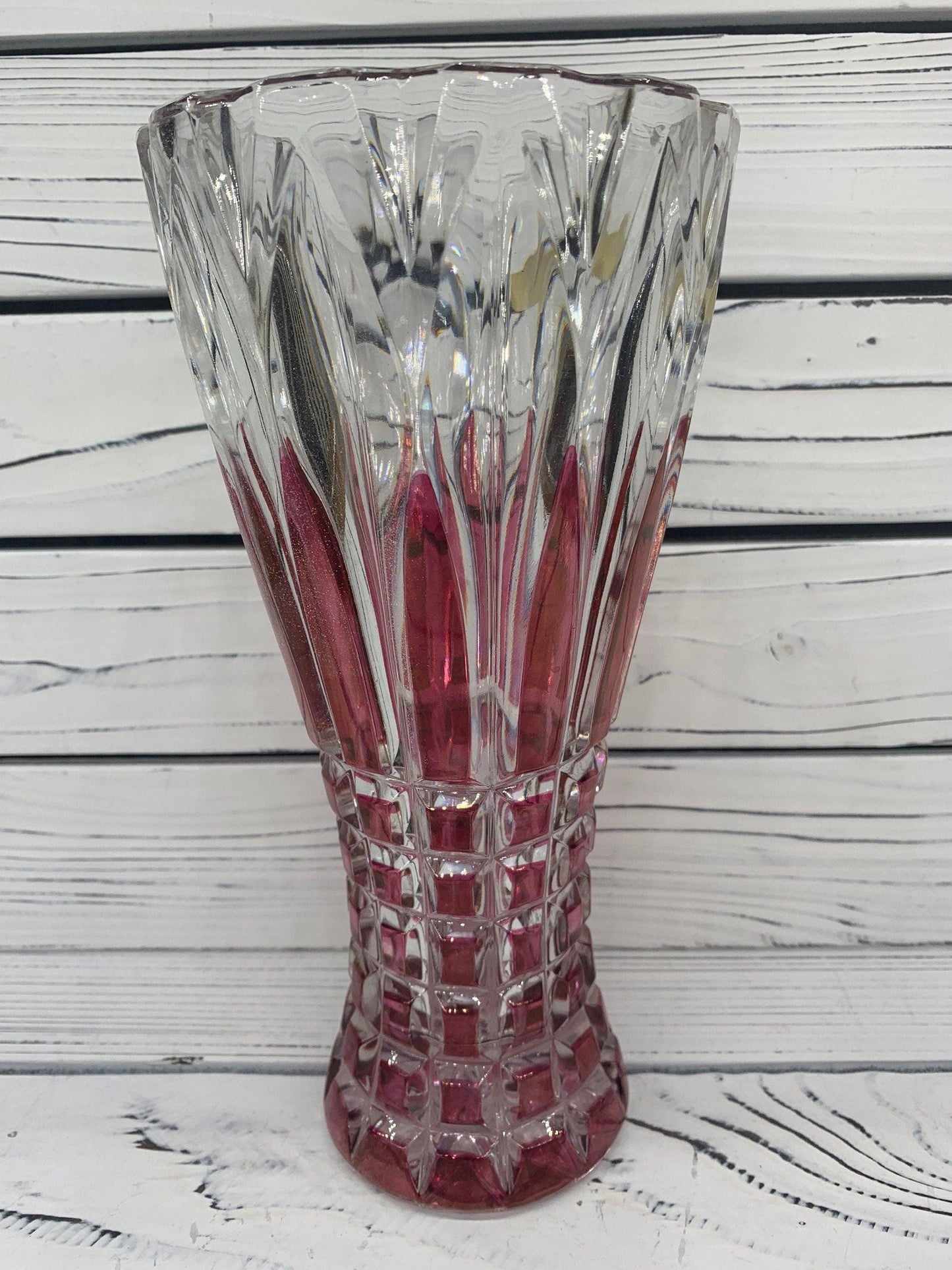 Lead Crystal Vase, Made in Germany, Red Clear Crystal Vase With Intricate Design -Located at Funkyhouse Vintage Antique Store, Weiser Idaho