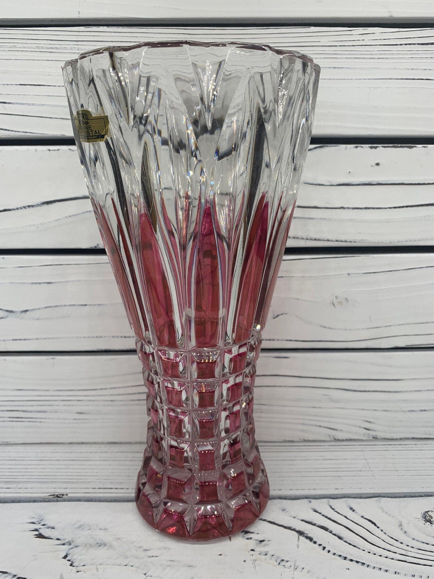Lead Crystal Vase, Made in Germany, Red Clear Crystal Vase With Intricate Design -Located at Funkyhouse Vintage Antique Store, Weiser Idaho