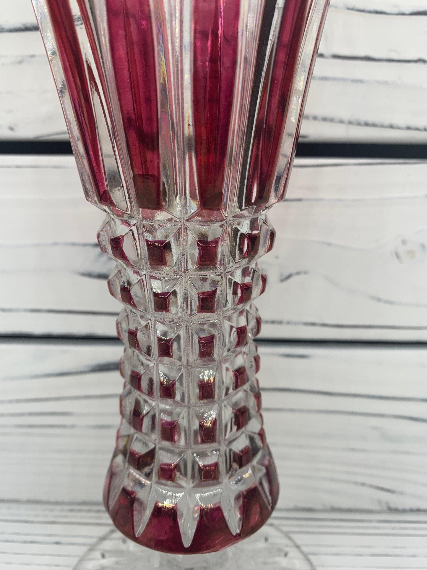 Lead Crystal Vase Small, Red Clear Crystal Vase Made In Germany With Intricate Design -Located at Funkyhouse Vintage Antique Store, Weiser Idaho