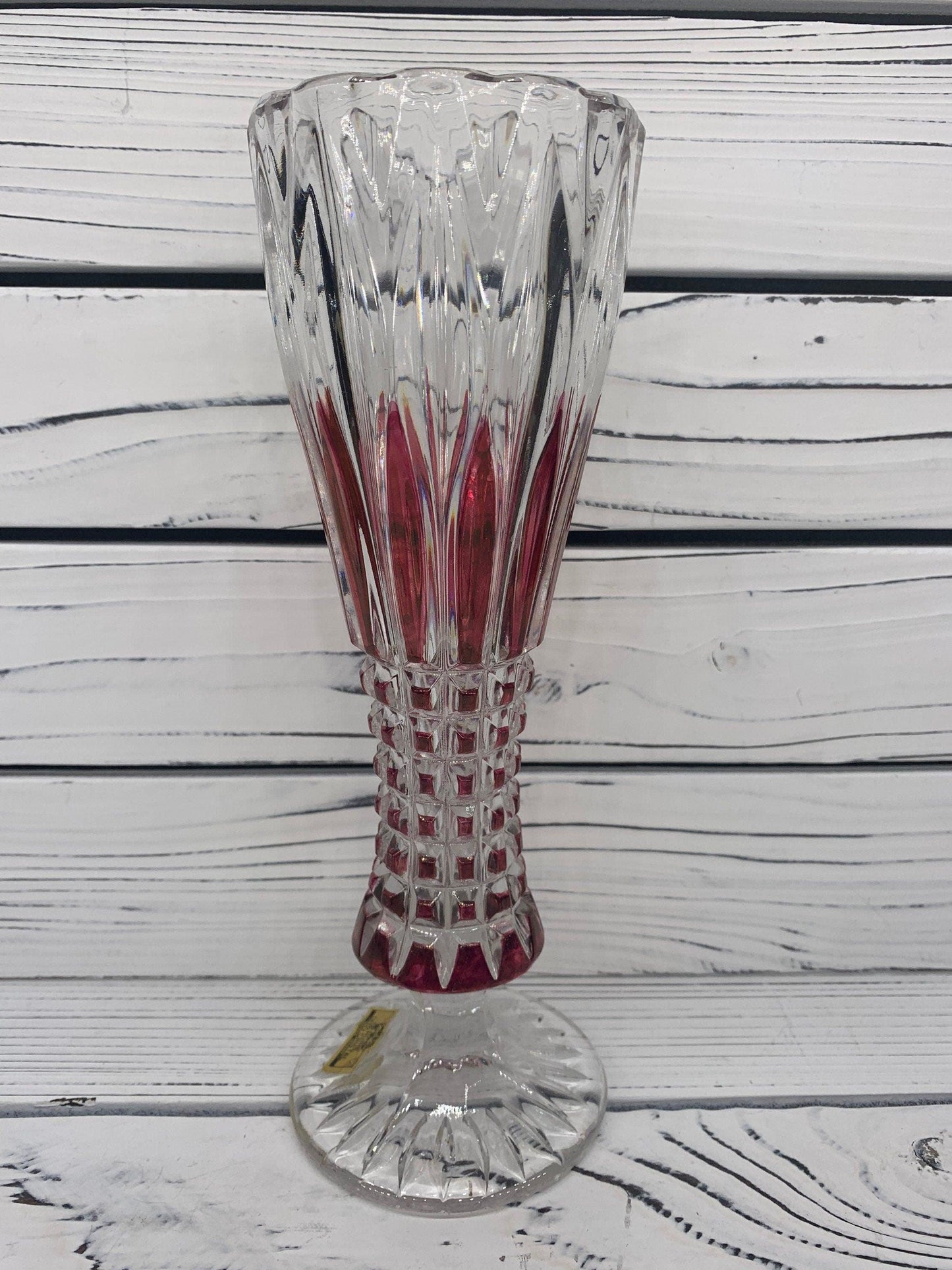 Lead Crystal Vase Small, Red Clear Crystal Vase Made In Germany With Intricate Design -Located at Funkyhouse Vintage Antique Store, Weiser Idaho