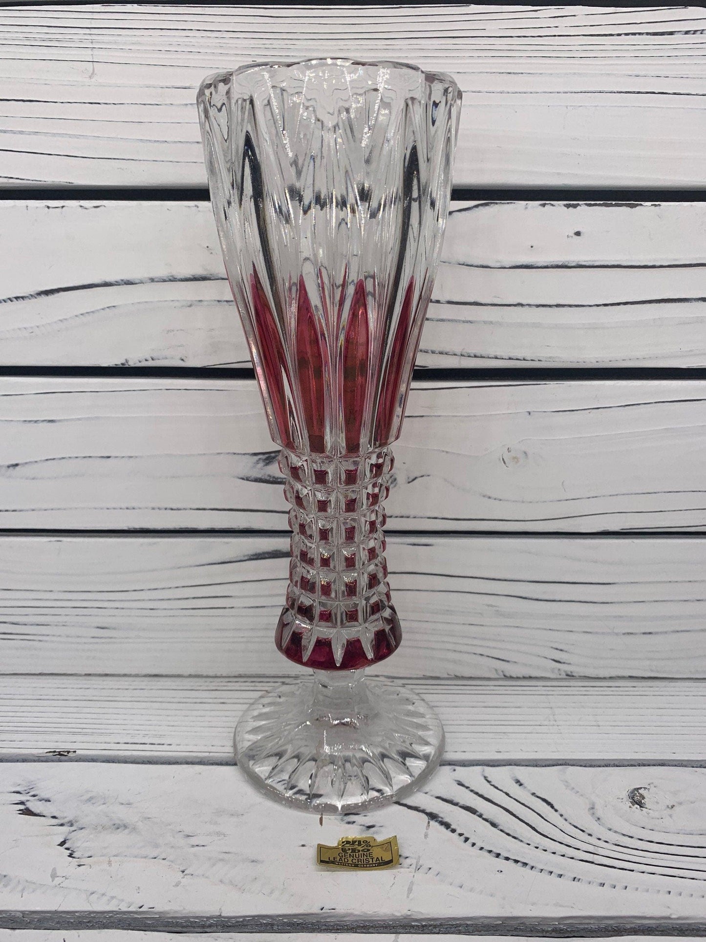 Lead Crystal Vase Small, Red Clear Crystal Vase Made In Germany With Intricate Design -Located at Funkyhouse Vintage Antique Store, Weiser Idaho
