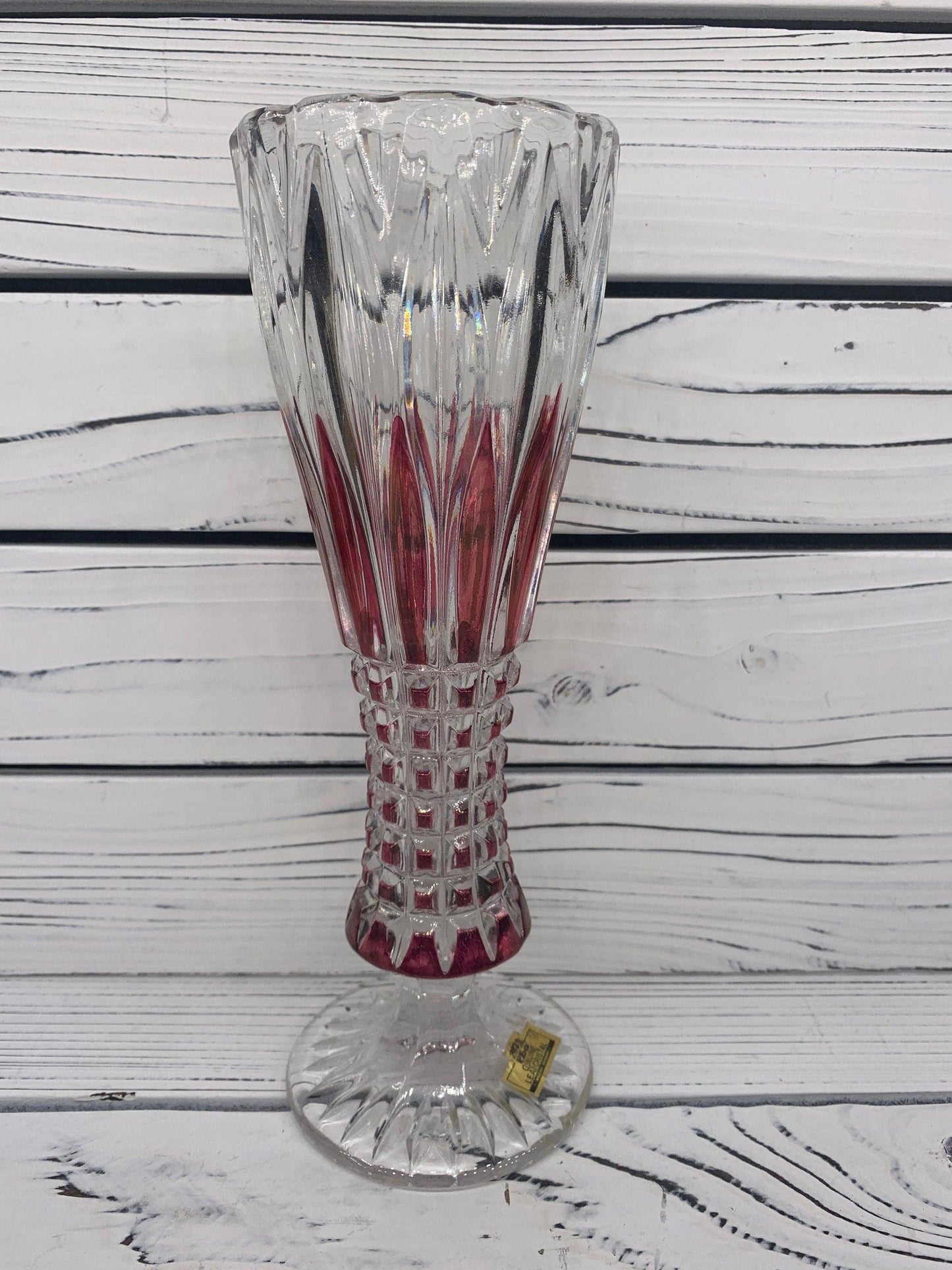 Lead Crystal Vase Small, Red Clear Crystal Vase Made In Germany With Intricate Design -Located at Funkyhouse Vintage Antique Store, Weiser Idaho