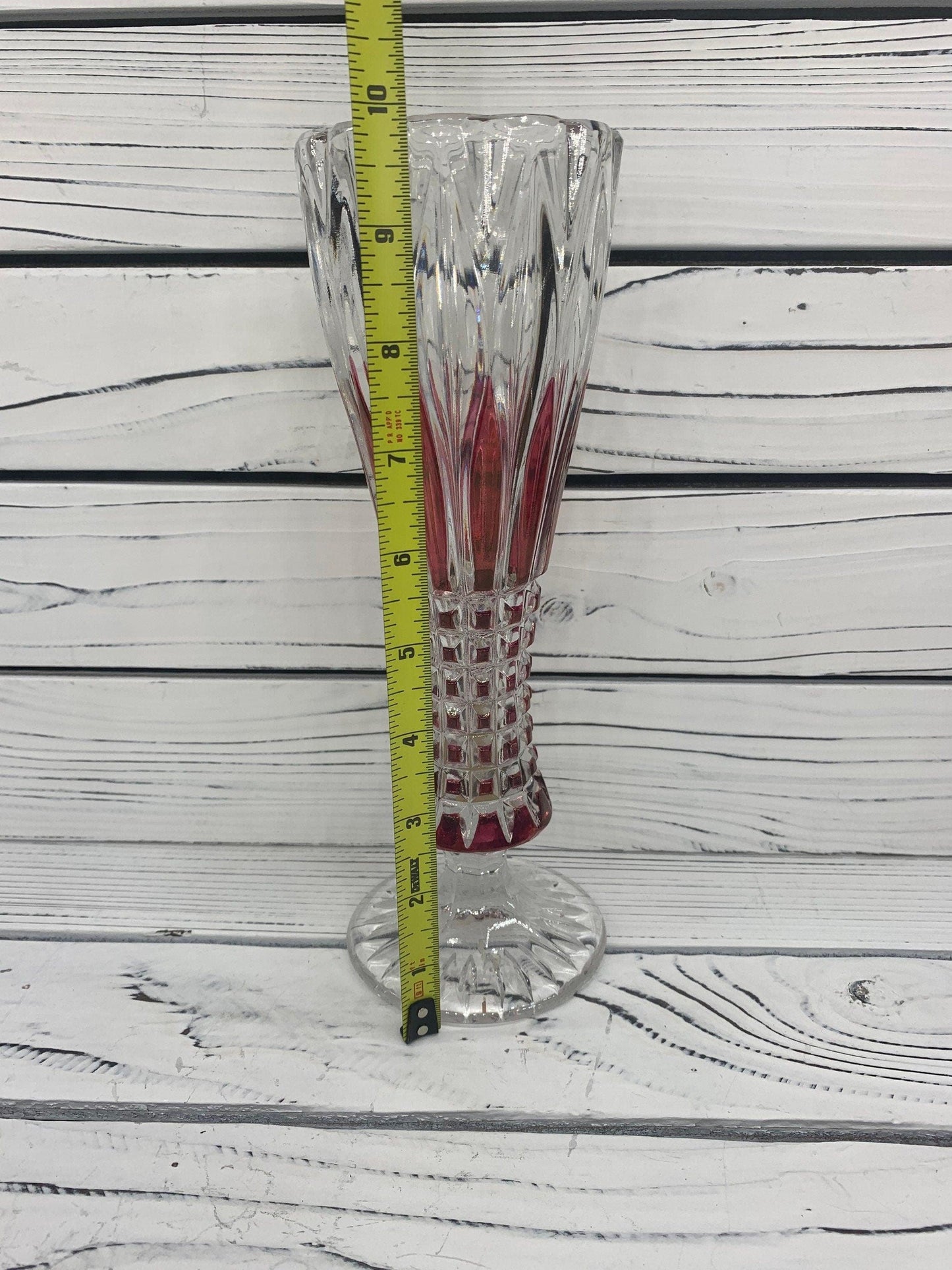Lead Crystal Vase Small, Red Clear Crystal Vase Made In Germany With Intricate Design -Located at Funkyhouse Vintage Antique Store, Weiser Idaho