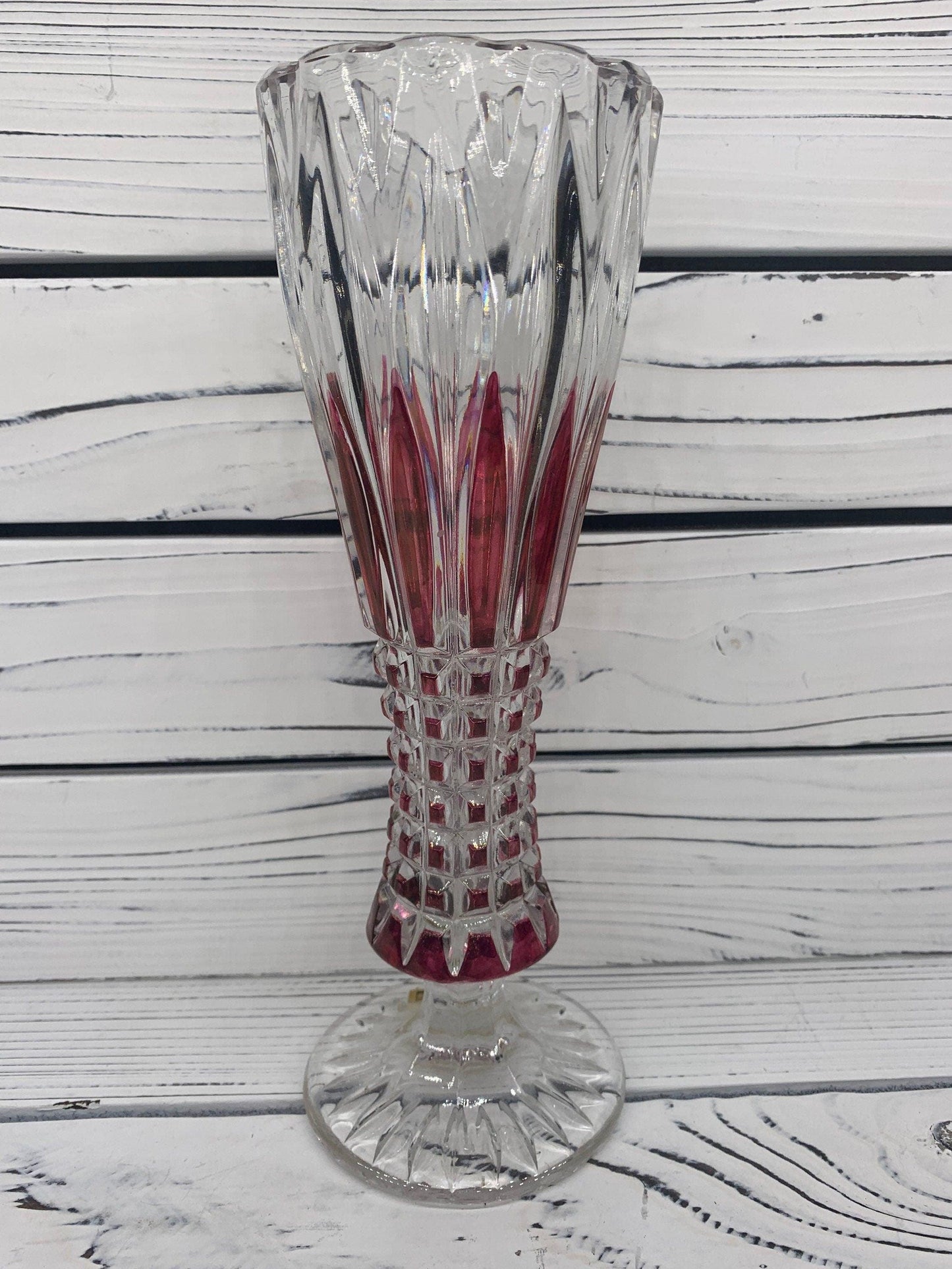 Lead Crystal Vase Small, Red Clear Crystal Vase Made In Germany With Intricate Design -Located at Funkyhouse Vintage Antique Store, Weiser Idaho