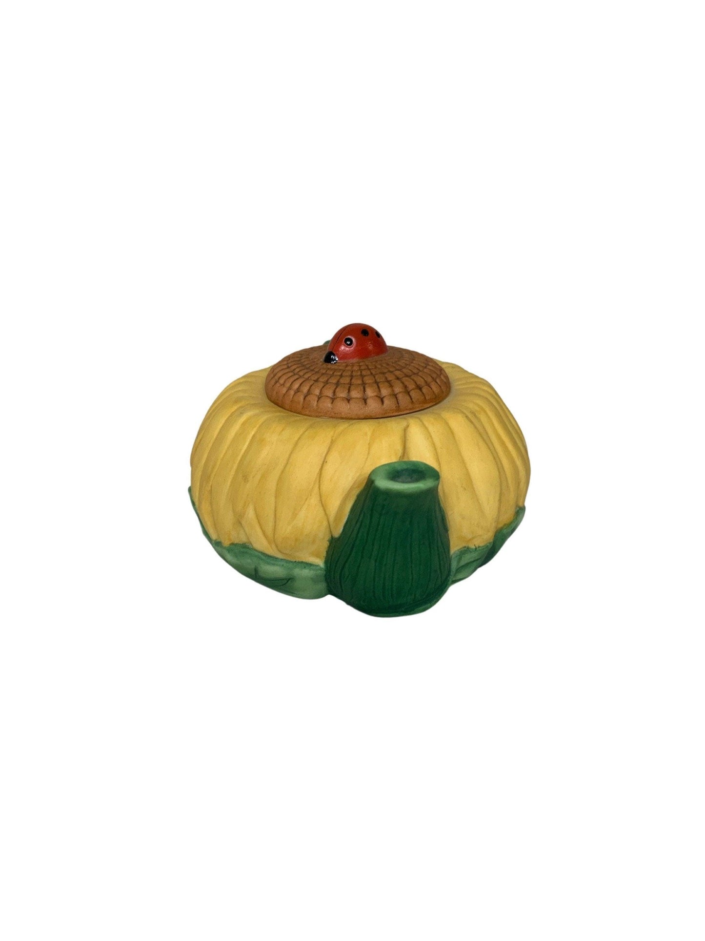 Miniature Teapot By Avon, Yellow Sunflower With Ladybug Seasons Harvest, Ceramic Tea Pot Made In 1995 -Located at Funkyhouse Vintage Antique Store, Weiser Idaho