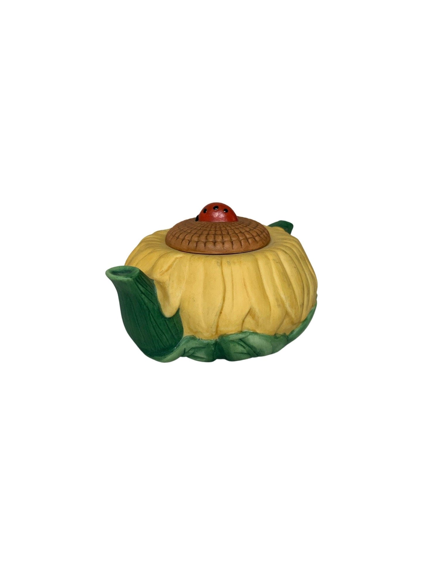 Miniature Teapot By Avon, Yellow Sunflower With Ladybug Seasons Harvest, Ceramic Tea Pot Made In 1995 -Located at Funkyhouse Vintage Antique Store, Weiser Idaho