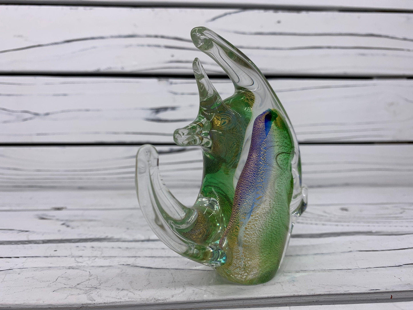 Murano Blown Glass Fish Sculpture, Shimmering Green, Purple and Gold Dust Italian Art -Located at Funkyhouse Vintage Antique Store, Weiser Idaho