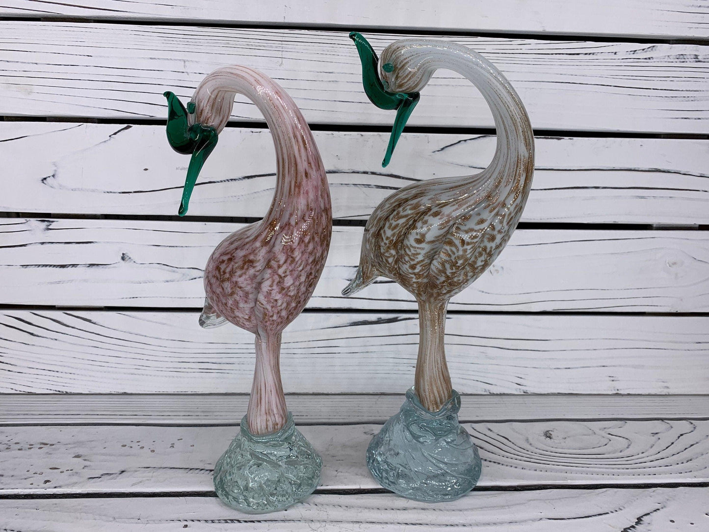 Pair of Murano Blown Glass Heron Sculptures, White and Pink with Gold Dust Birds, Italian Art -Located at Funkyhouse Vintage Antique Store, Weiser Idaho