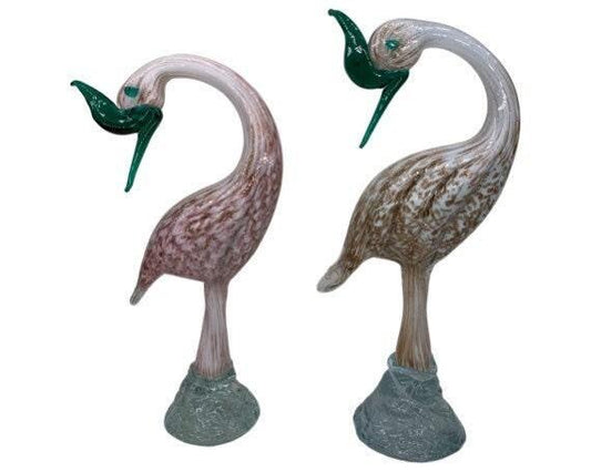 Pair of Murano Blown Glass Heron Sculptures, White and Pink with Gold Dust Birds, Italian Art -Located at Funkyhouse Vintage Antique Store, Weiser Idaho