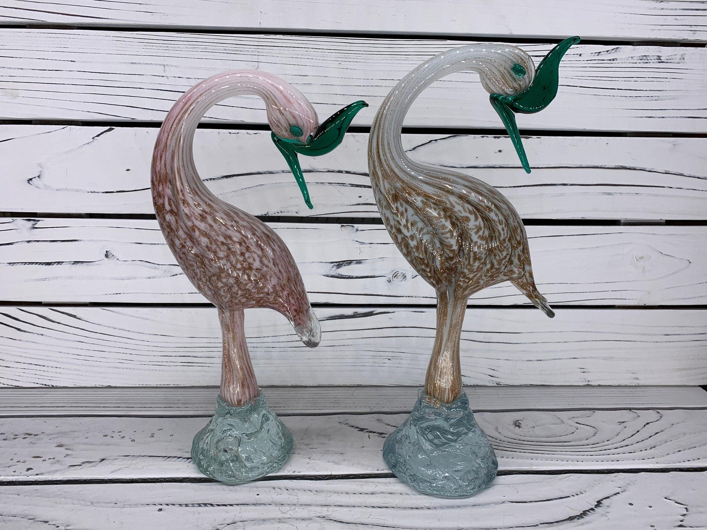 Pair of Murano Blown Glass Heron Sculptures, White and Pink with Gold Dust Birds, Italian Art -Located at Funkyhouse Vintage Antique Store, Weiser Idaho