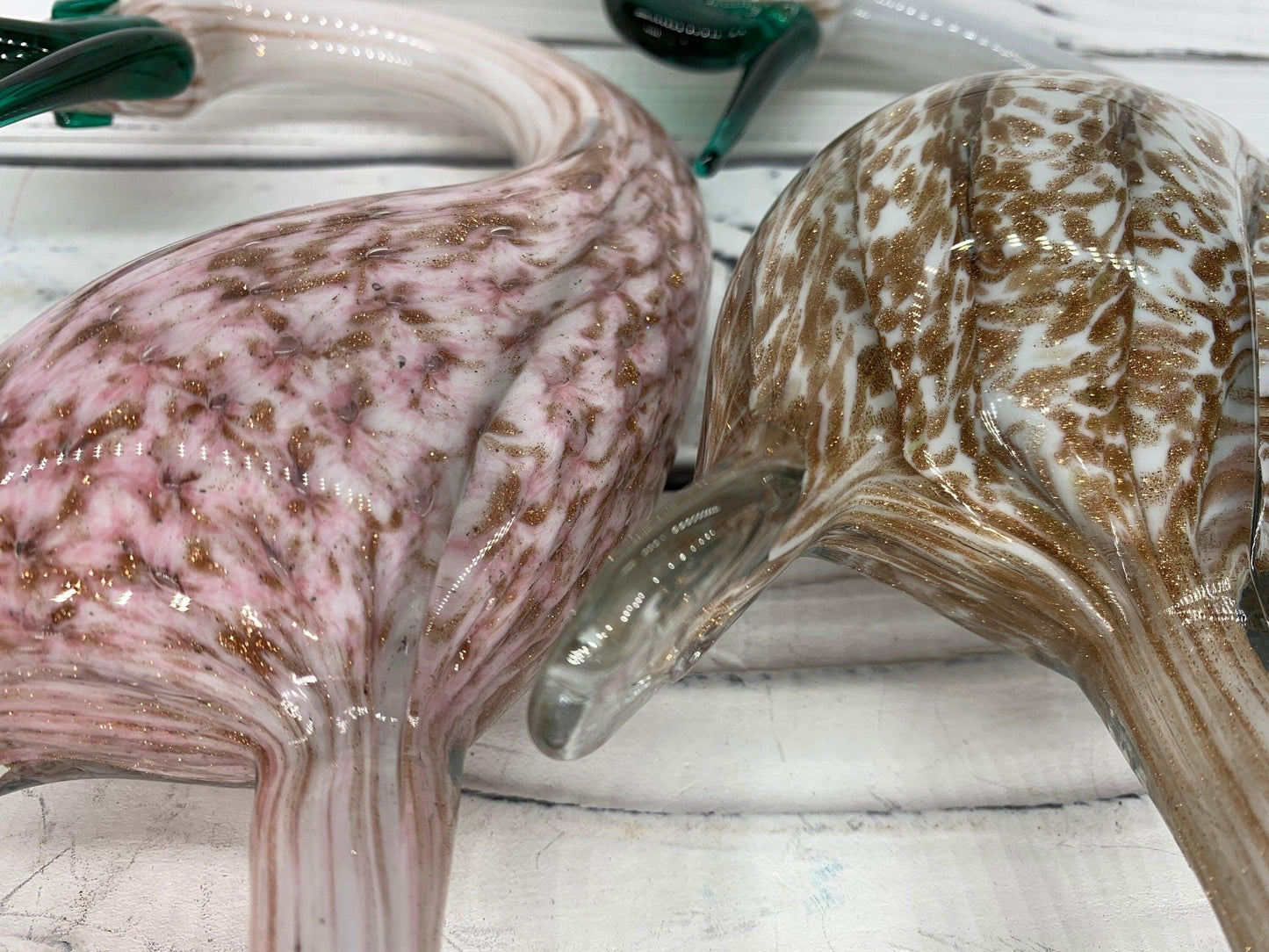 Pair of Murano Blown Glass Heron Sculptures, White and Pink with Gold Dust Birds, Italian Art -Located at Funkyhouse Vintage Antique Store, Weiser Idaho