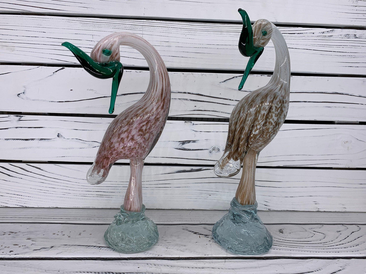 Pair of Murano Blown Glass Heron Sculptures, White and Pink with Gold Dust Birds, Italian Art -Located at Funkyhouse Vintage Antique Store, Weiser Idaho