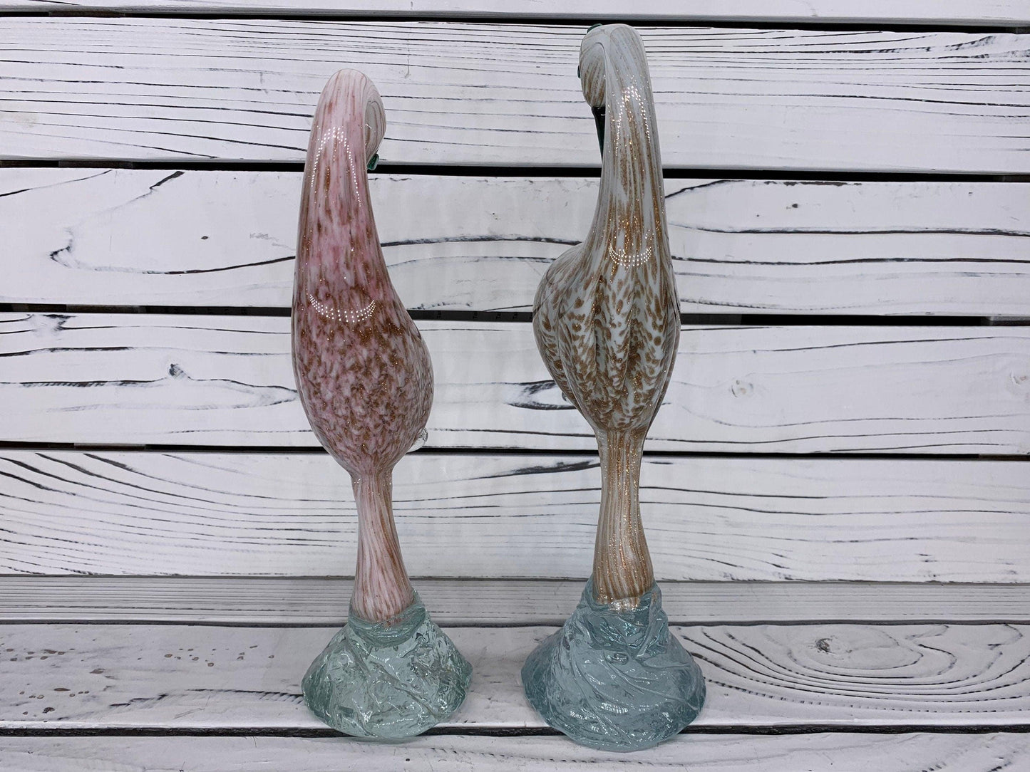 Pair of Murano Blown Glass Heron Sculptures, White and Pink with Gold Dust Birds, Italian Art -Located at Funkyhouse Vintage Antique Store, Weiser Idaho