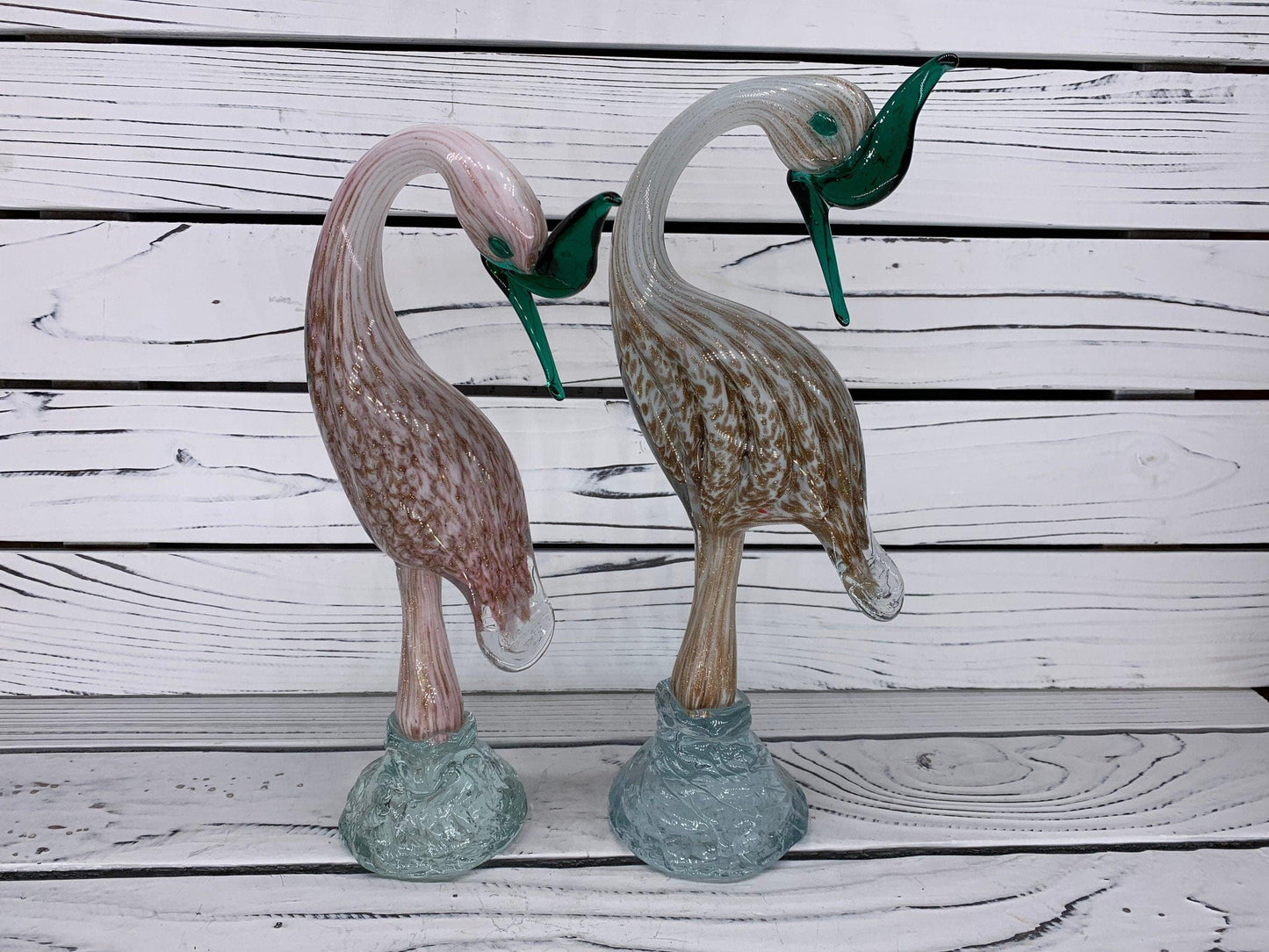 Pair of Murano Blown Glass Heron Sculptures, White and Pink with Gold Dust Birds, Italian Art -Located at Funkyhouse Vintage Antique Store, Weiser Idaho
