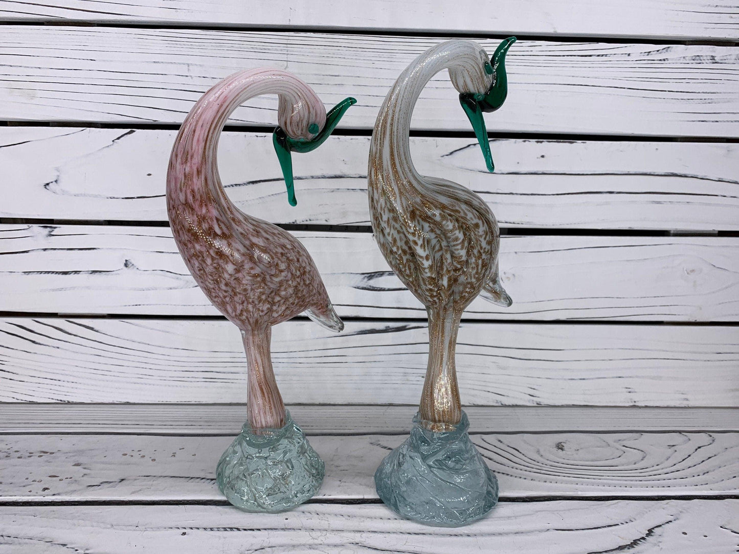 Pair of Murano Blown Glass Heron Sculptures, White and Pink with Gold Dust Birds, Italian Art -Located at Funkyhouse Vintage Antique Store, Weiser Idaho