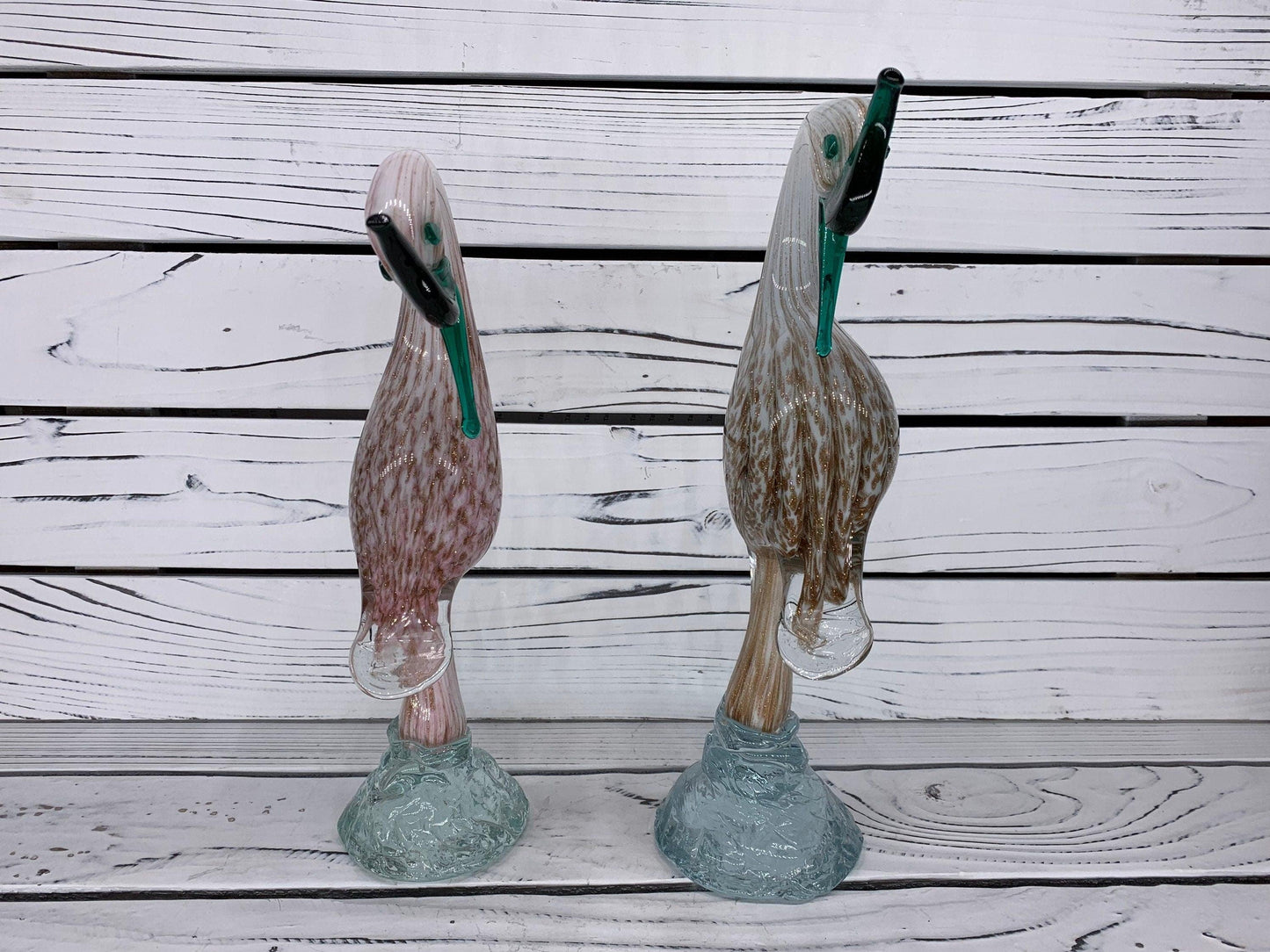 Pair of Murano Blown Glass Heron Sculptures, White and Pink with Gold Dust Birds, Italian Art -Located at Funkyhouse Vintage Antique Store, Weiser Idaho