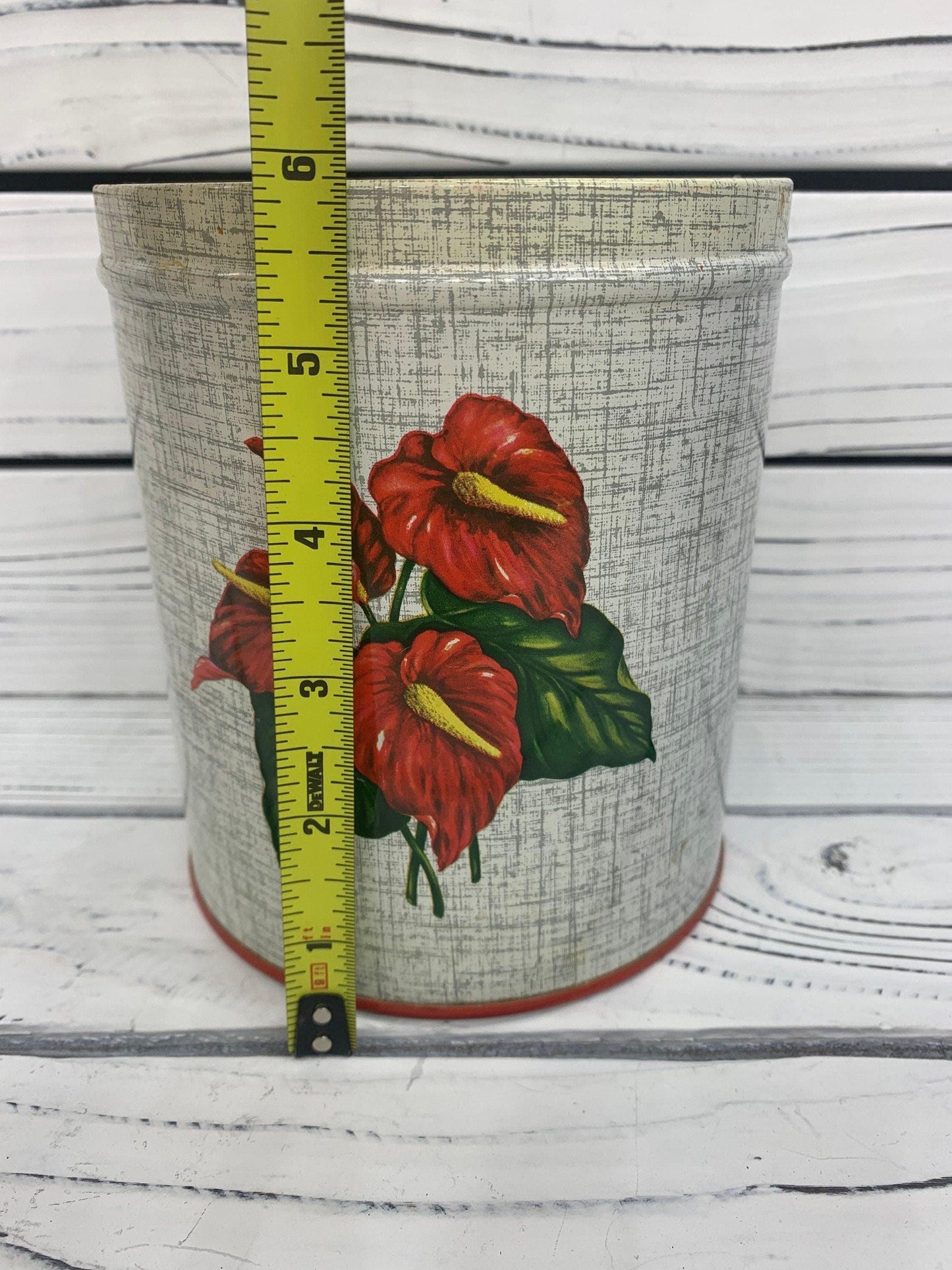 Red Flower Pattern Vintage Metal Tin Canister Set, Country Farmhouse Kitchen Decor, Cottage Storage Canisters -Located at Funkyhouse Vintage Antique Store, Weiser Idaho
