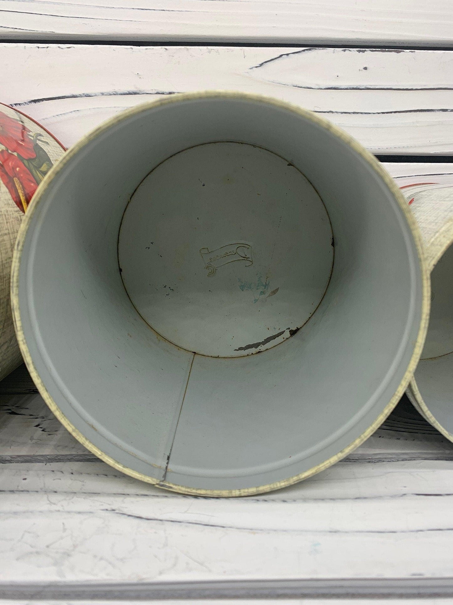 Red Flower Pattern Vintage Metal Tin Canister Set, Country Farmhouse Kitchen Decor, Cottage Storage Canisters -Located at Funkyhouse Vintage Antique Store, Weiser Idaho