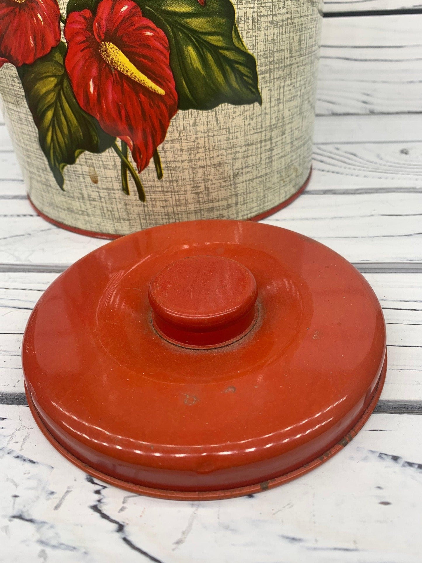 Red Flower Pattern Vintage Metal Tin Canister Set, Country Farmhouse Kitchen Decor, Cottage Storage Canisters -Located at Funkyhouse Vintage Antique Store, Weiser Idaho