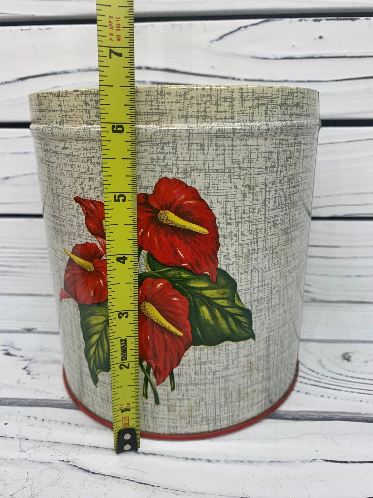 Red Flower Pattern Vintage Metal Tin Canister Set, Country Farmhouse Kitchen Decor, Cottage Storage Canisters -Located at Funkyhouse Vintage Antique Store, Weiser Idaho