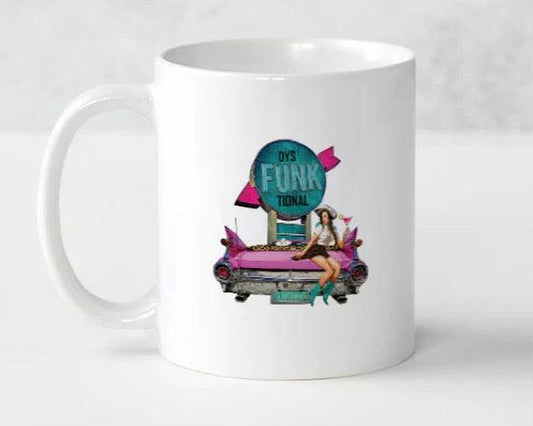 Retro Ceramic Coffee Mug, dysFUNKtional Funny Quote Cup, Vintage Pin-up Girl, Classic Cadillac at Drive In, 1950s Funky Gear -Located at Funkyhouse Vintage Antique Store, Weiser Idaho