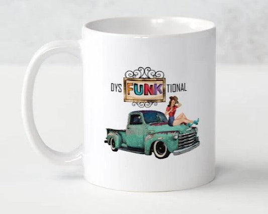 Retro Ceramic Coffee Mug, dysFUNKtional Funny Quote Cup, Vintage Pin-up Girl, Classic Truck at Drive In, 1950s Funky Gear -Located at Funkyhouse Vintage Antique Store, Weiser Idaho