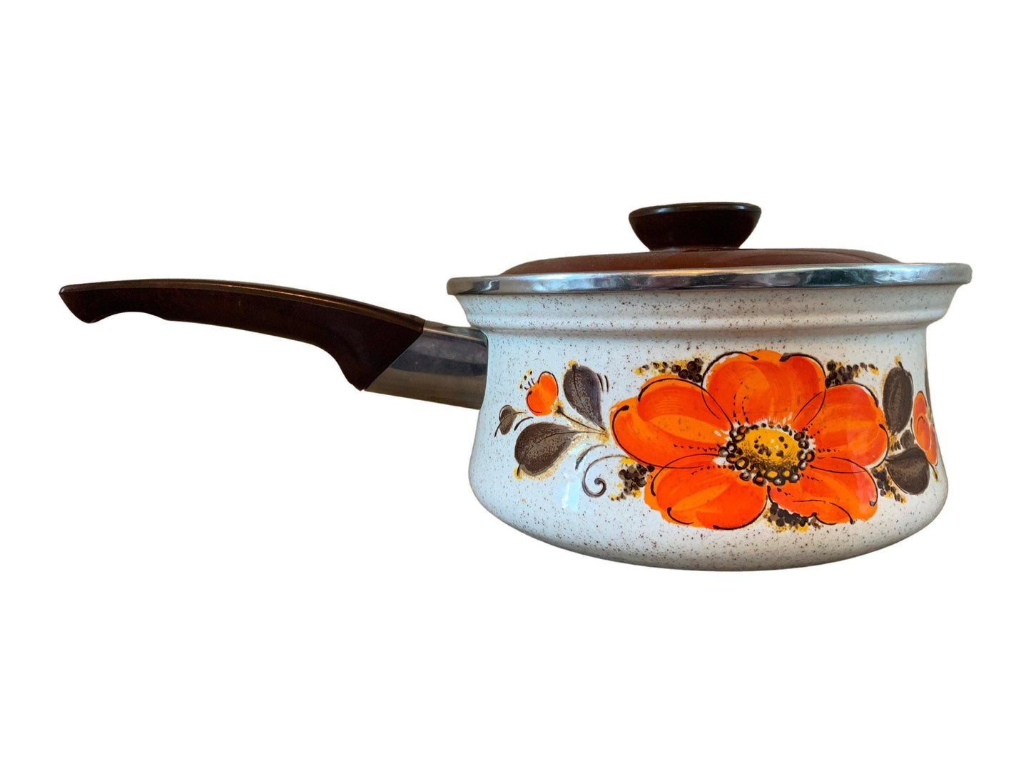 Sanko Ware Japan Show Pans 2 Quart Saucepan Orange Brown Poppies, Vintage Enamelware Kitchen Pots and Pans -Located at Funkyhouse Vintage Antique Store, Weiser Idaho