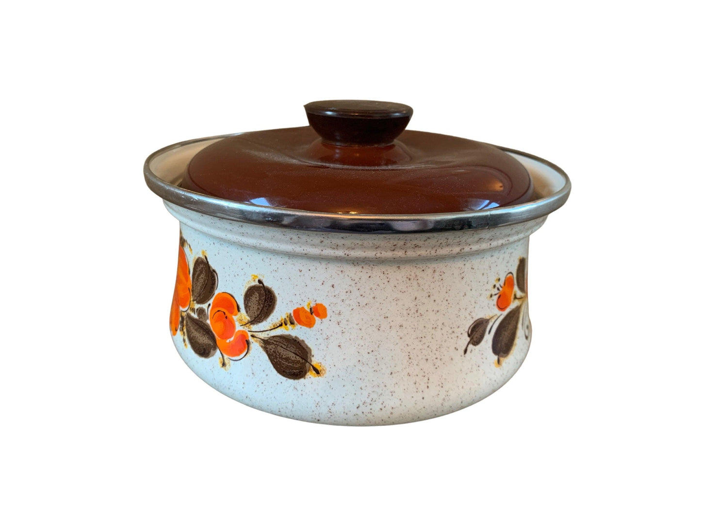 Sanko Ware Japan Show Pans 2 Quart Saucepan Orange Brown Poppies, Vintage Enamelware Kitchen Pots and Pans -Located at Funkyhouse Vintage Antique Store, Weiser Idaho