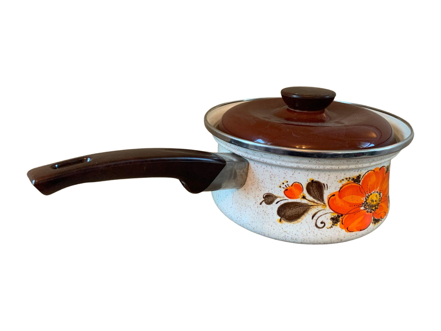 Sanko Ware Japan Show Pans 2 Quart Saucepan Orange Brown Poppies, Vintage Enamelware Kitchen Pots and Pans -Located at Funkyhouse Vintage Antique Store, Weiser Idaho