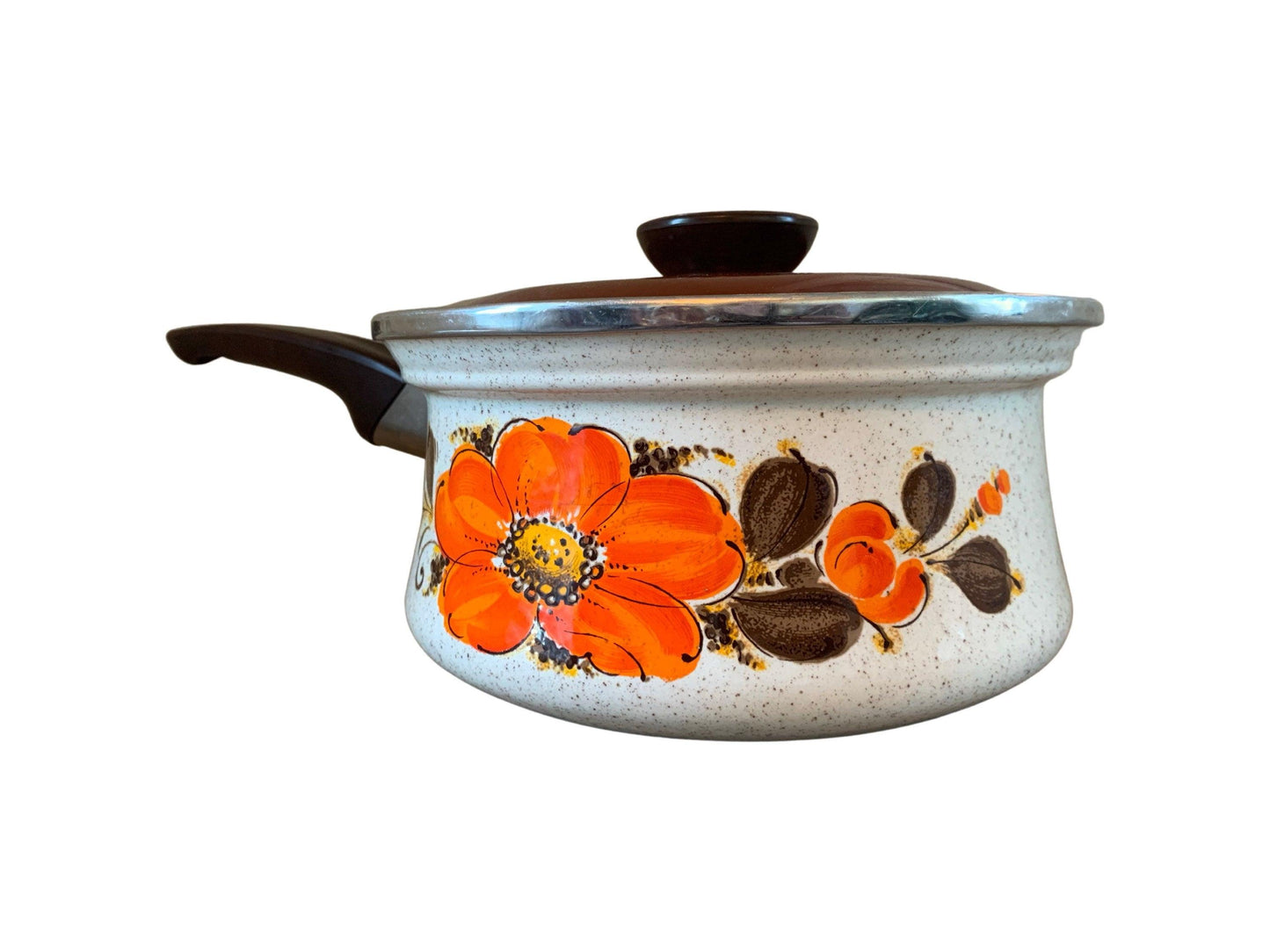 Sanko Ware Japan Show Pans 2 Quart Saucepan Orange Brown Poppies, Vintage Enamelware Kitchen Pots and Pans -Located at Funkyhouse Vintage Antique Store, Weiser Idaho