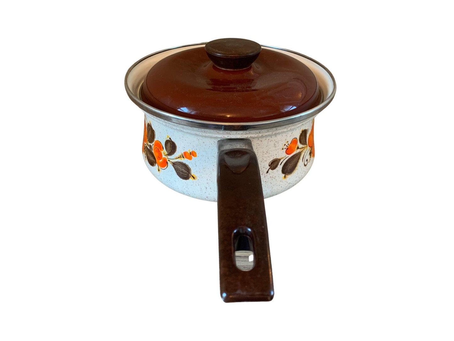 Sanko Ware Japan Show Pans 2 Quart Saucepan Orange Brown Poppies, Vintage Enamelware Kitchen Pots and Pans -Located at Funkyhouse Vintage Antique Store, Weiser Idaho