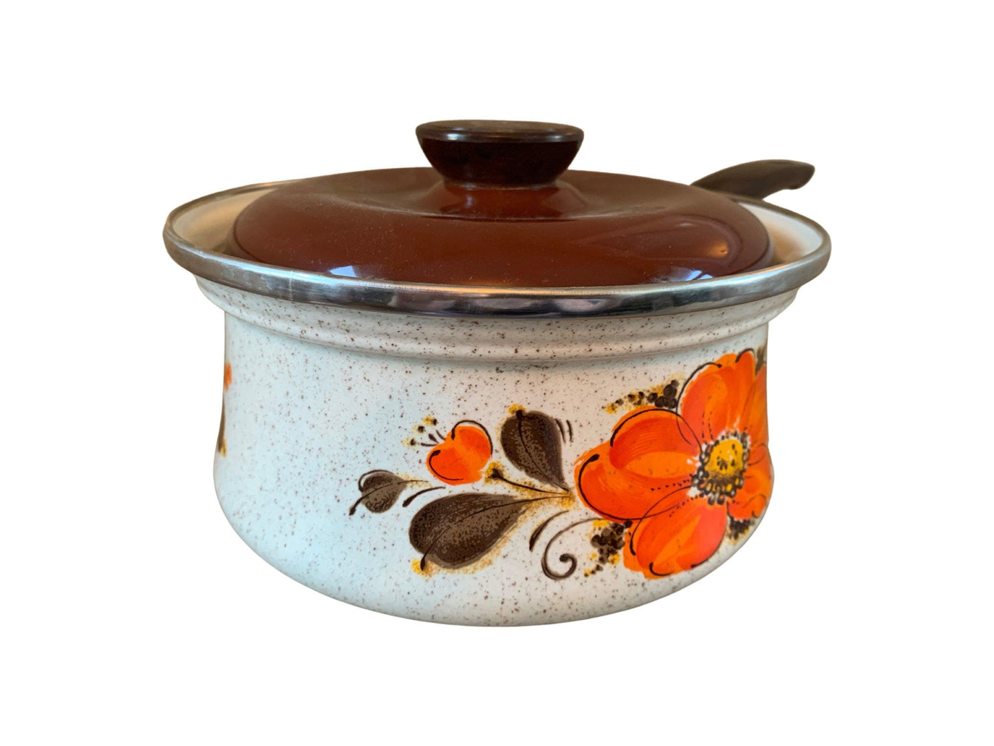 Sanko Ware Japan Show Pans 2 Quart Saucepan Orange Brown Poppies, Vintage Enamelware Kitchen Pots and Pans -Located at Funkyhouse Vintage Antique Store, Weiser Idaho