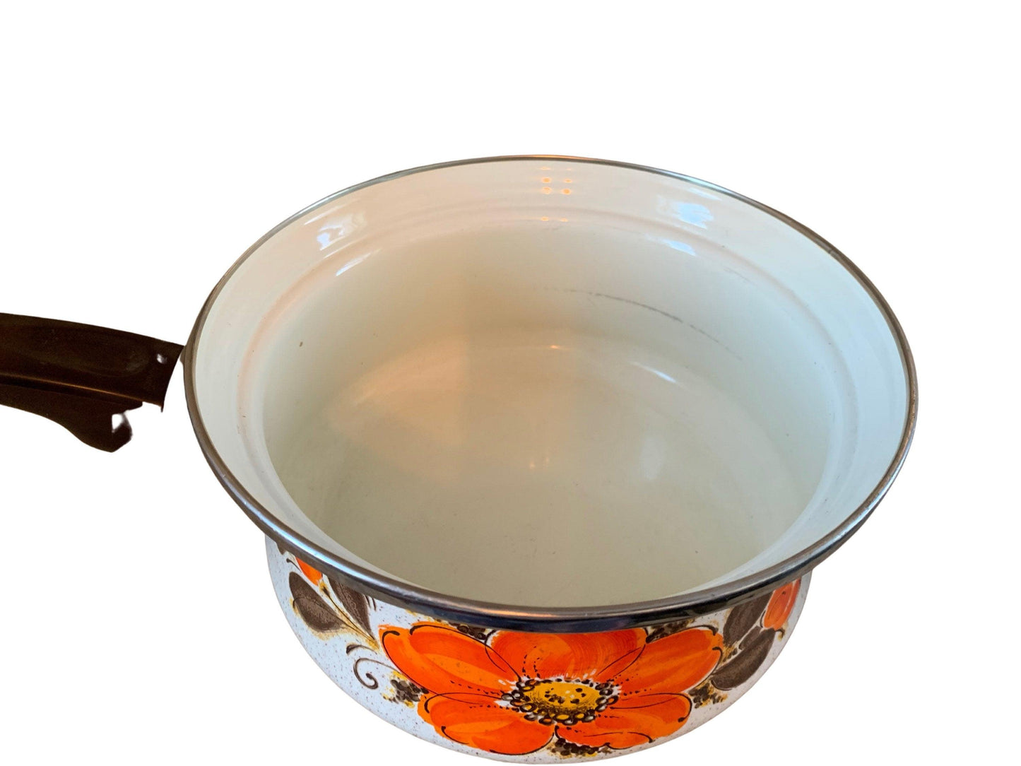 Sanko Ware Japan Show Pans 2 Quart Saucepan Orange Brown Poppies, Vintage Enamelware Kitchen Pots and Pans -Located at Funkyhouse Vintage Antique Store, Weiser Idaho