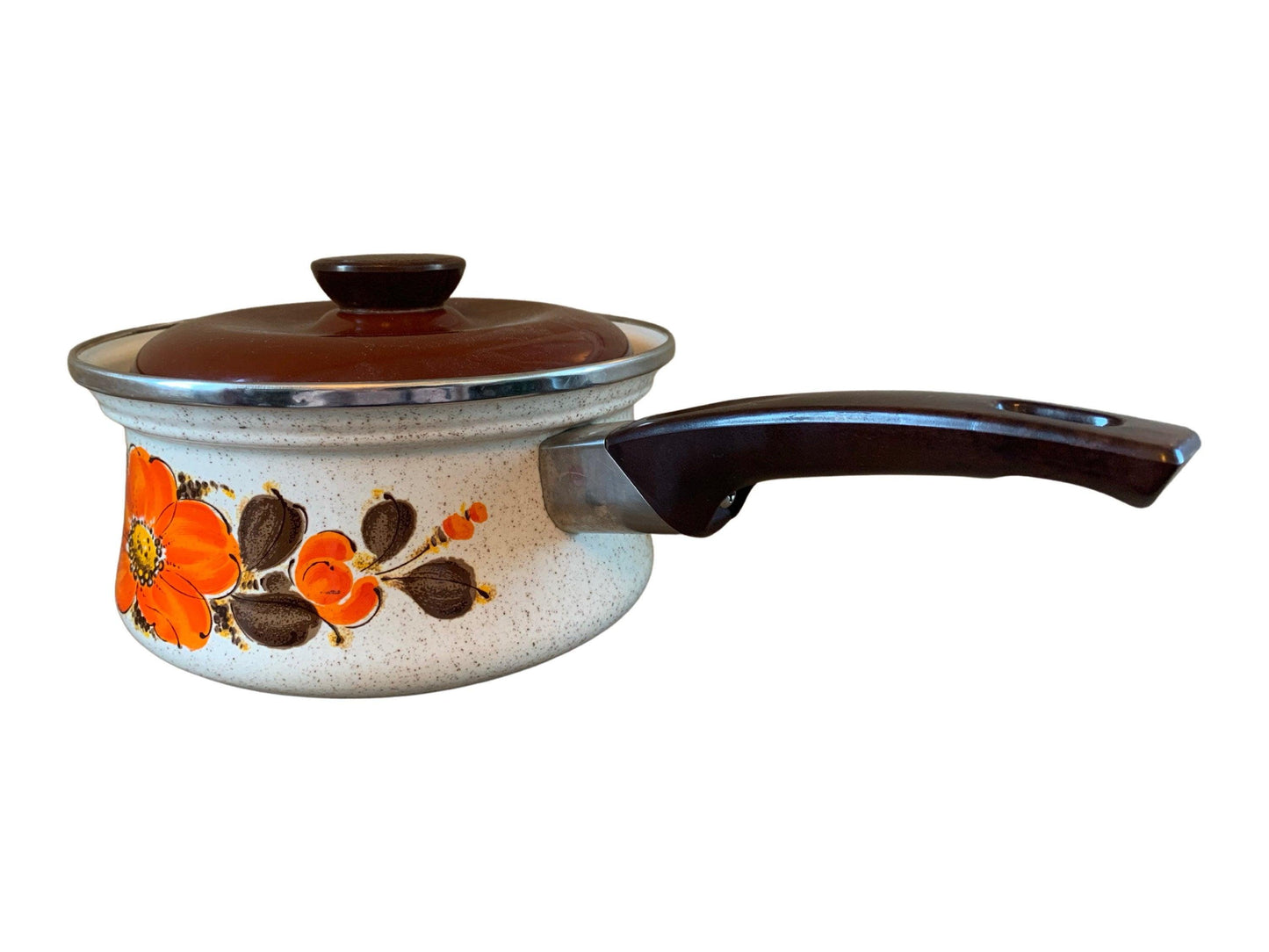 Sanko Ware Japan Show Pans 2 Quart Saucepan Orange Brown Poppies, Vintage Enamelware Kitchen Pots and Pans -Located at Funkyhouse Vintage Antique Store, Weiser Idaho