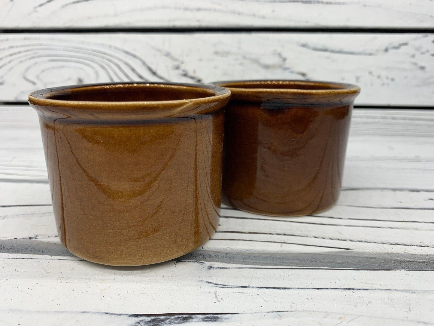 Set Of 3 Vintage Small Ceramic Brown Crock Bowls, Set of Sugar Bowls, Trinket Dishes -Located at Funkyhouse Vintage Antique Store, Weiser Idaho