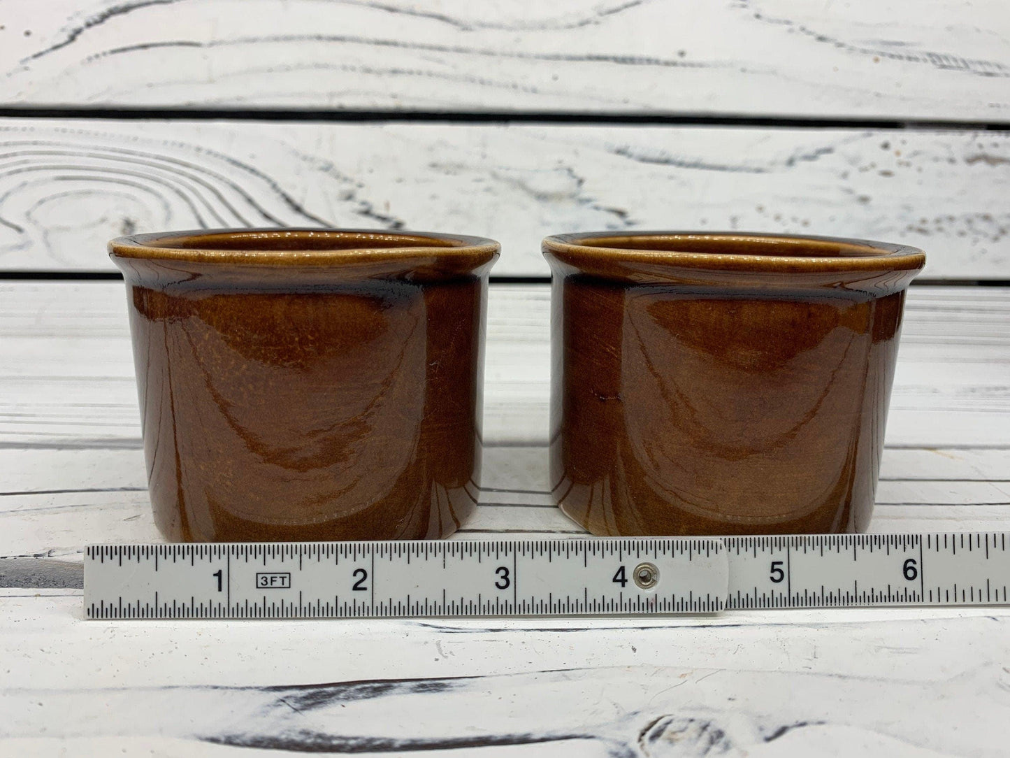 Set Of 3 Vintage Small Ceramic Brown Crock Bowls, Set of Sugar Bowls, Trinket Dishes -Located at Funkyhouse Vintage Antique Store, Weiser Idaho
