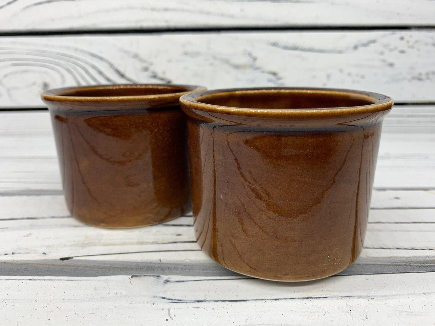 Set Of 3 Vintage Small Ceramic Brown Crock Bowls, Set of Sugar Bowls, Trinket Dishes -Located at Funkyhouse Vintage Antique Store, Weiser Idaho