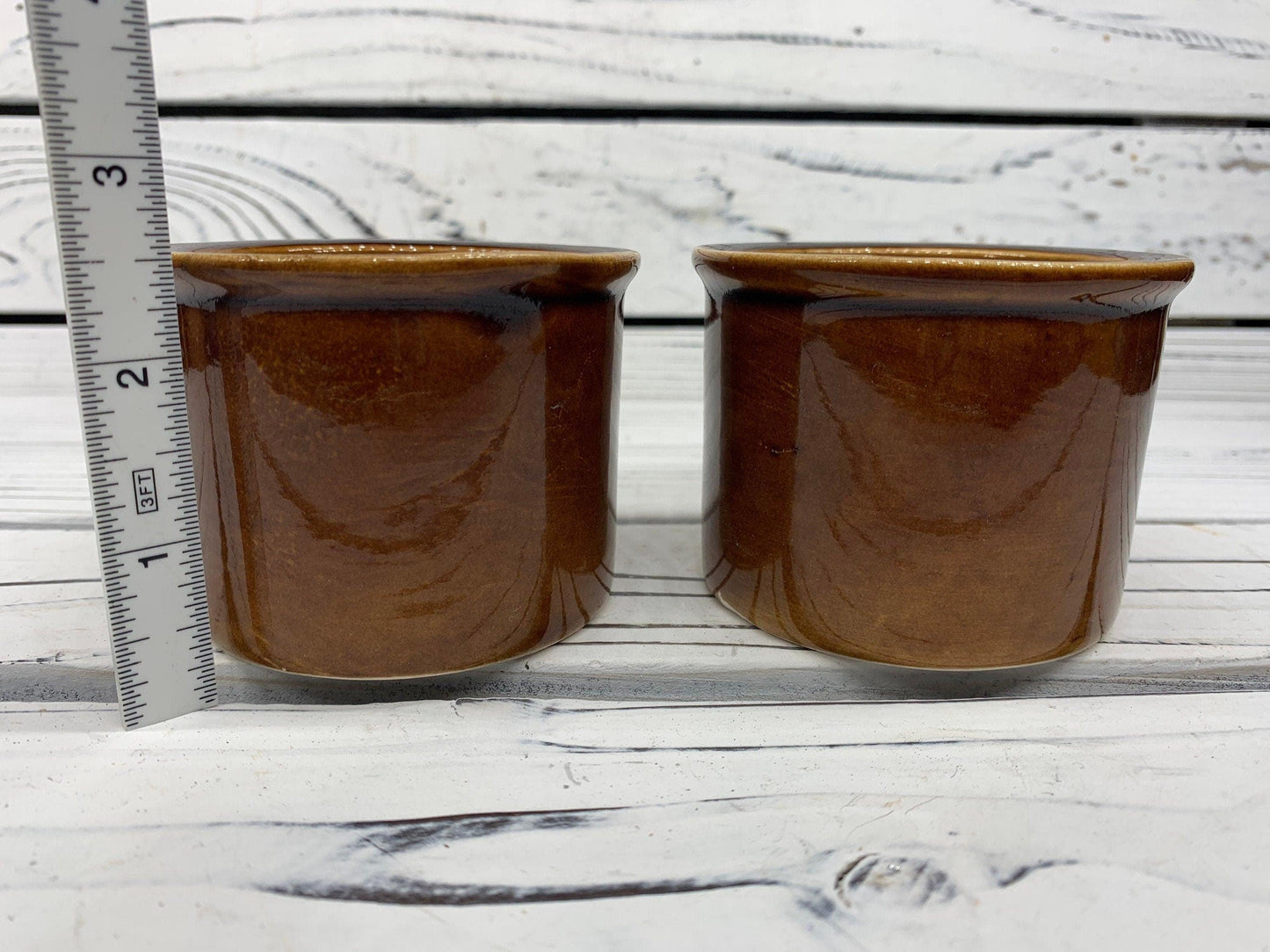 Set Of 3 Vintage Small Ceramic Brown Crock Bowls, Set of Sugar Bowls, Trinket Dishes -Located at Funkyhouse Vintage Antique Store, Weiser Idaho