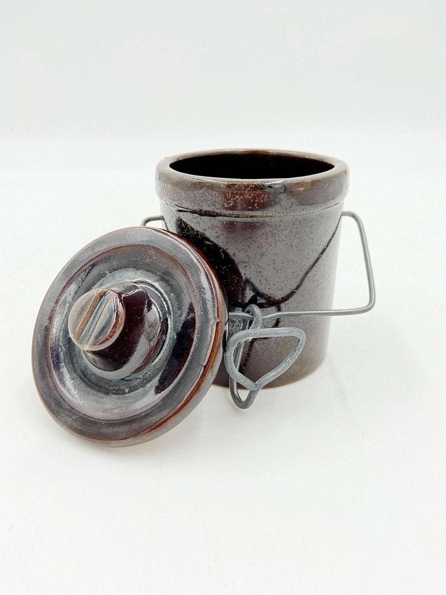 Small Vintage Stoneware Dark Brown Crock Canister, Brown With Metal Wire, Ceramic Kitchen Storage Decor, Farmhouse Country Pottery -Located at Funkyhouse Vintage Antique Store, Weiser Idaho