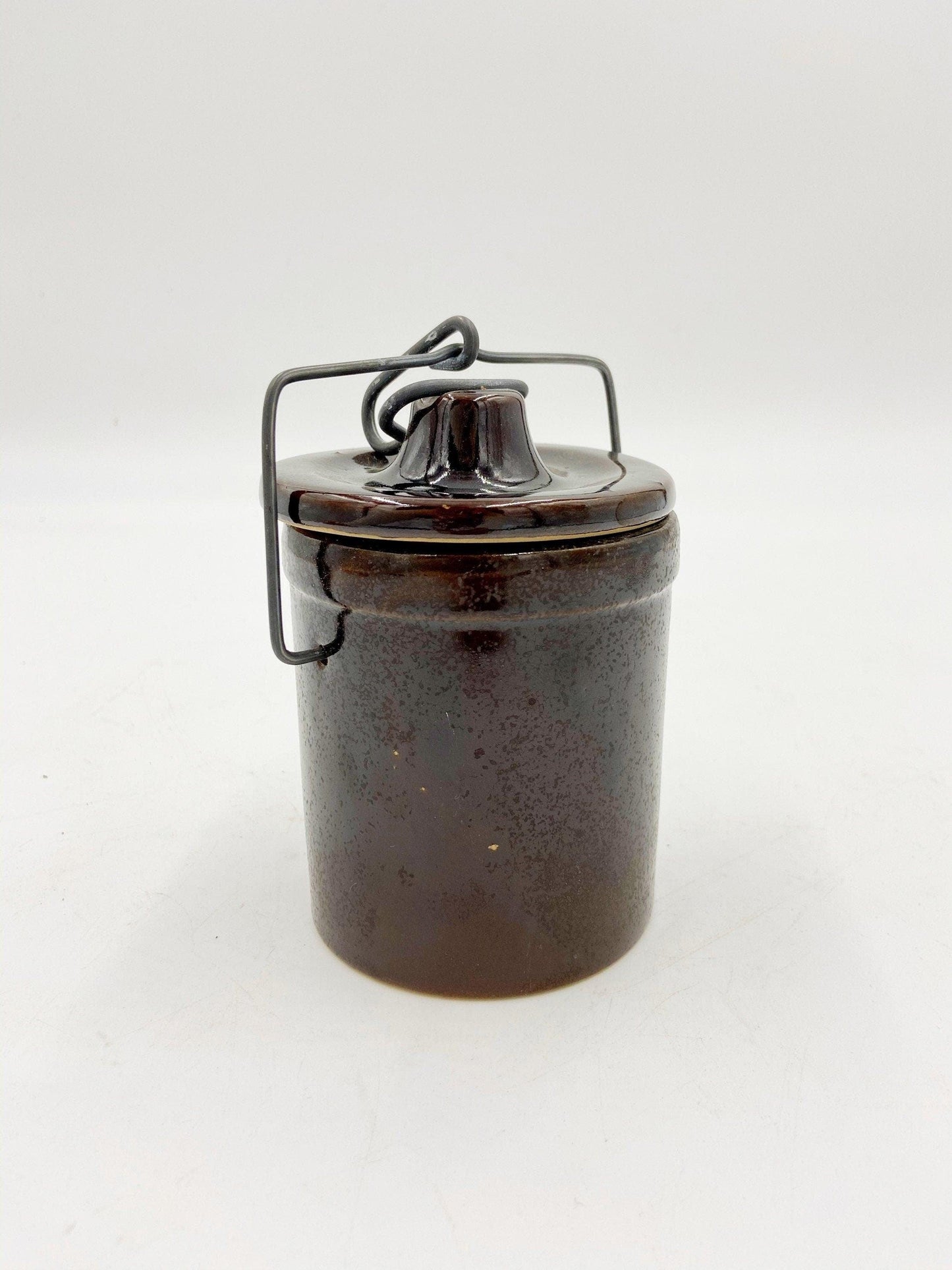 Small Vintage Stoneware Dark Brown Crock Canister, Brown With Metal Wire, Ceramic Kitchen Storage Decor, Farmhouse Country Pottery -Located at Funkyhouse Vintage Antique Store, Weiser Idaho