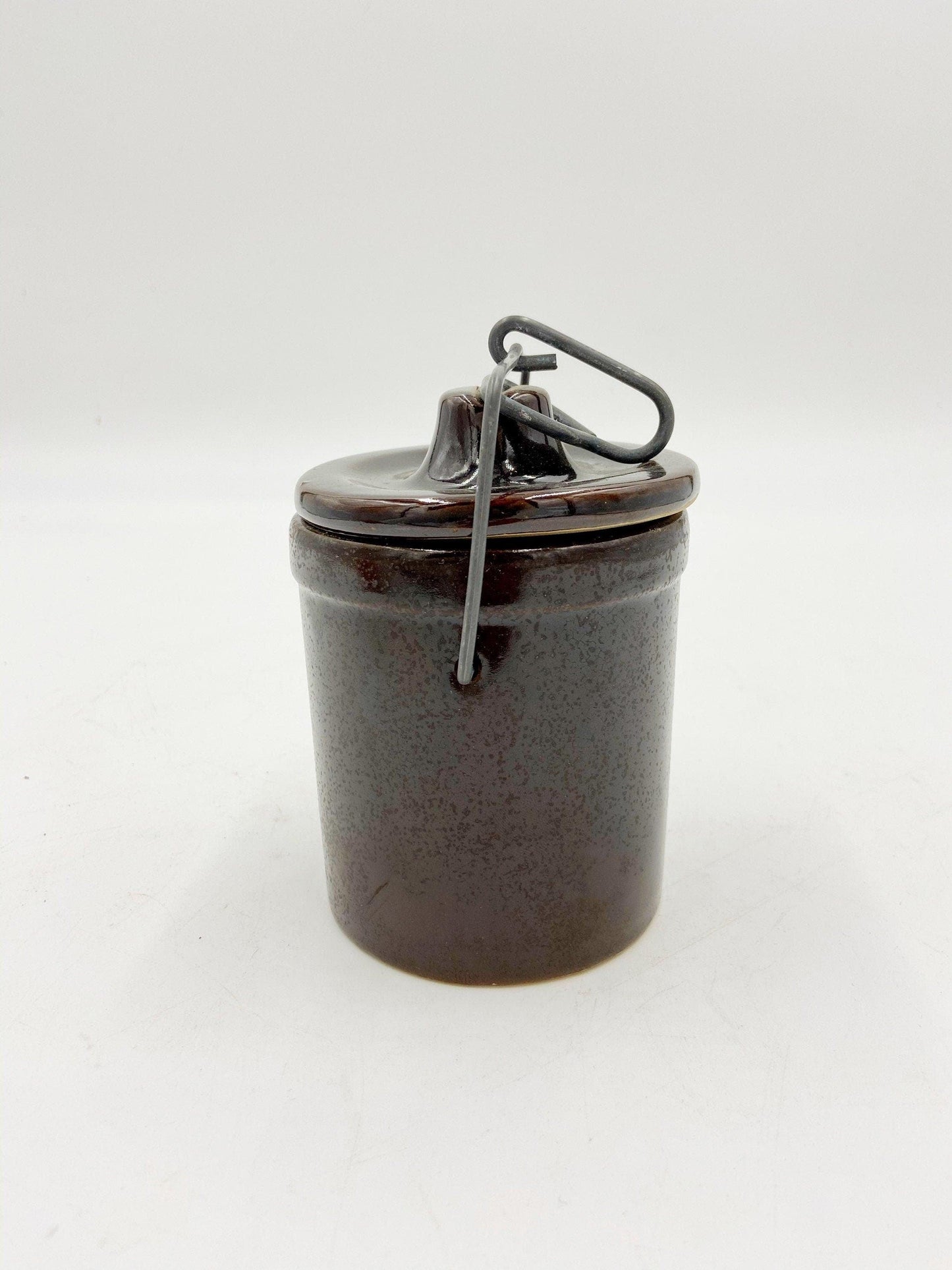 Small Vintage Stoneware Dark Brown Crock Canister, Brown With Metal Wire, Ceramic Kitchen Storage Decor, Farmhouse Country Pottery -Located at Funkyhouse Vintage Antique Store, Weiser Idaho