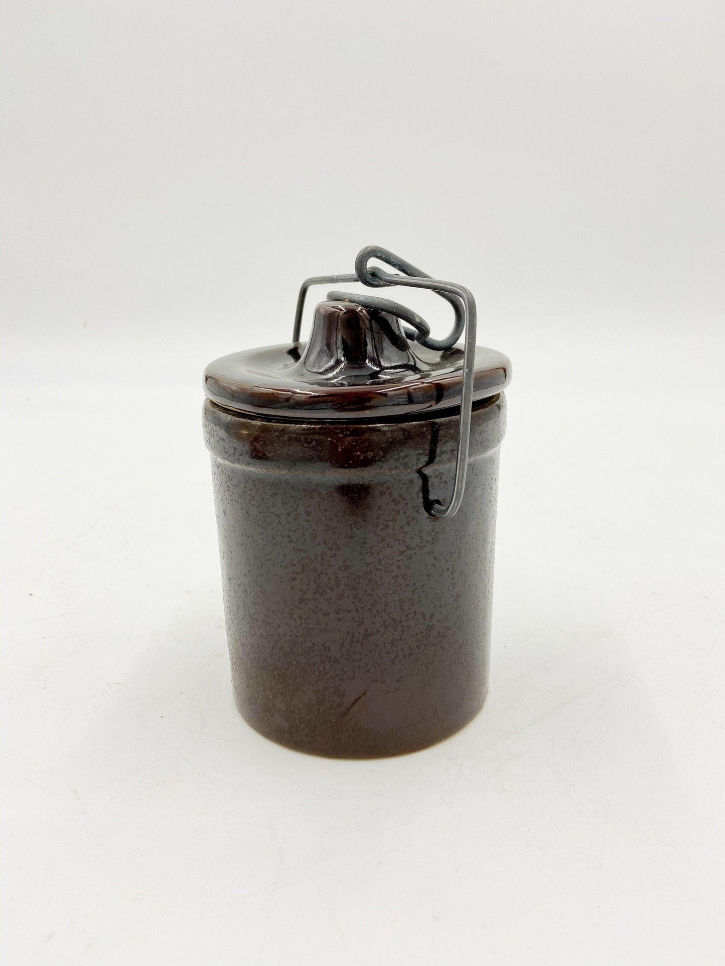 Small Vintage Stoneware Dark Brown Crock Canister, Brown With Metal Wire, Ceramic Kitchen Storage Decor, Farmhouse Country Pottery -Located at Funkyhouse Vintage Antique Store, Weiser Idaho