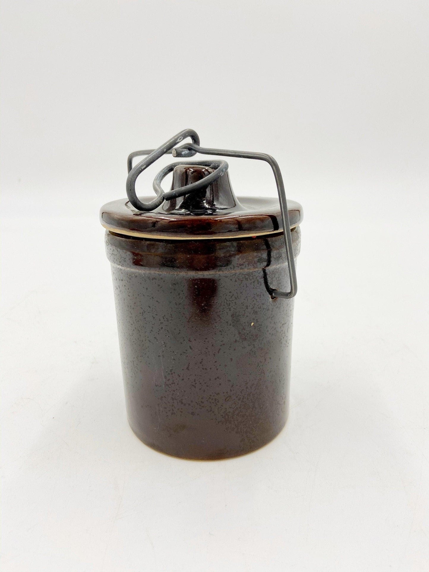 Small Vintage Stoneware Dark Brown Crock Canister, Brown With Metal Wire, Ceramic Kitchen Storage Decor, Farmhouse Country Pottery -Located at Funkyhouse Vintage Antique Store, Weiser Idaho