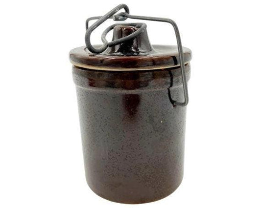Small Vintage Stoneware Dark Brown Crock Canister, Brown With Metal Wire, Ceramic Kitchen Storage Decor, Farmhouse Country Pottery -Located at Funkyhouse Vintage Antique Store, Weiser Idaho