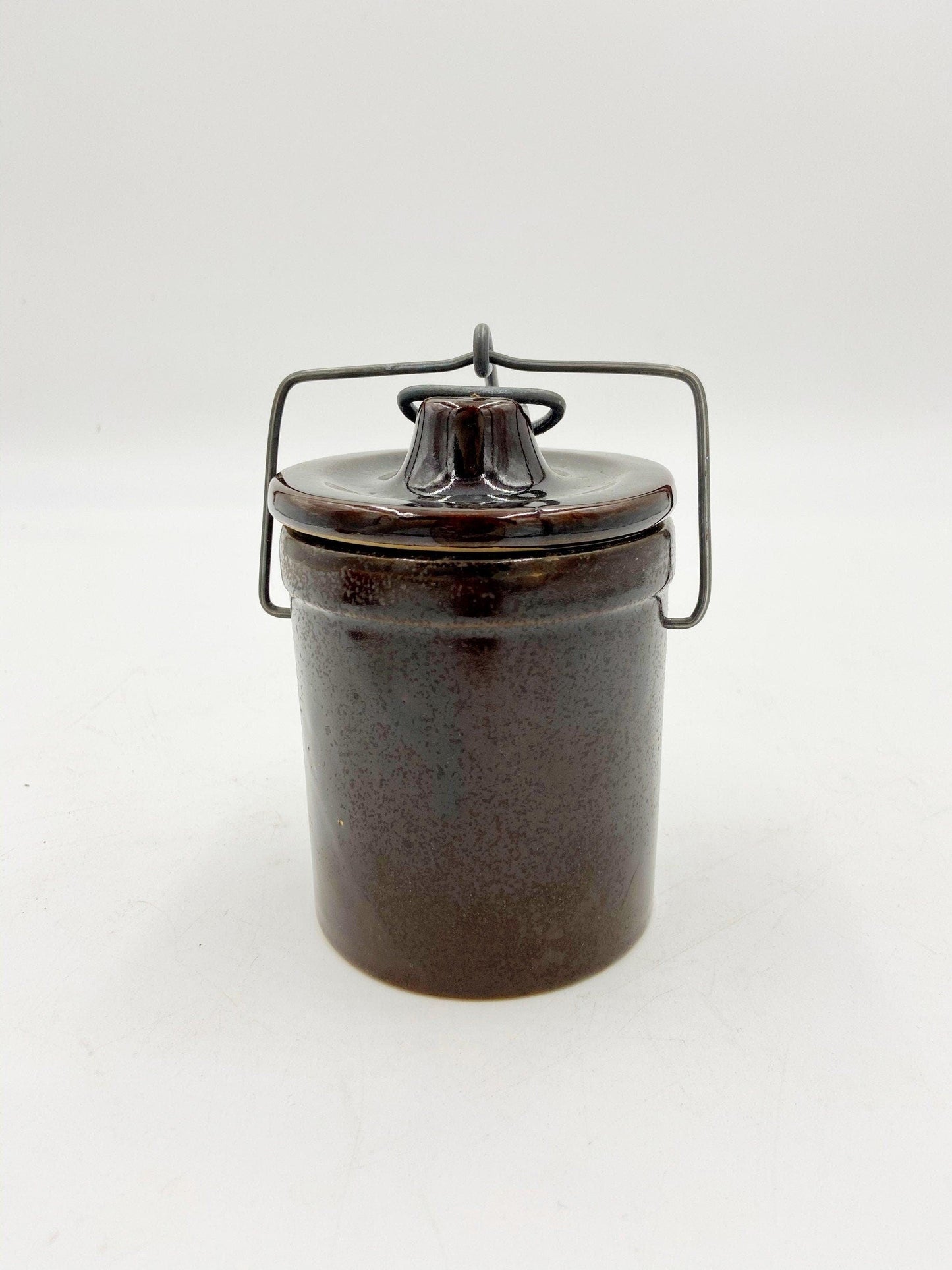 Small Vintage Stoneware Dark Brown Crock Canister, Brown With Metal Wire, Ceramic Kitchen Storage Decor, Farmhouse Country Pottery -Located at Funkyhouse Vintage Antique Store, Weiser Idaho