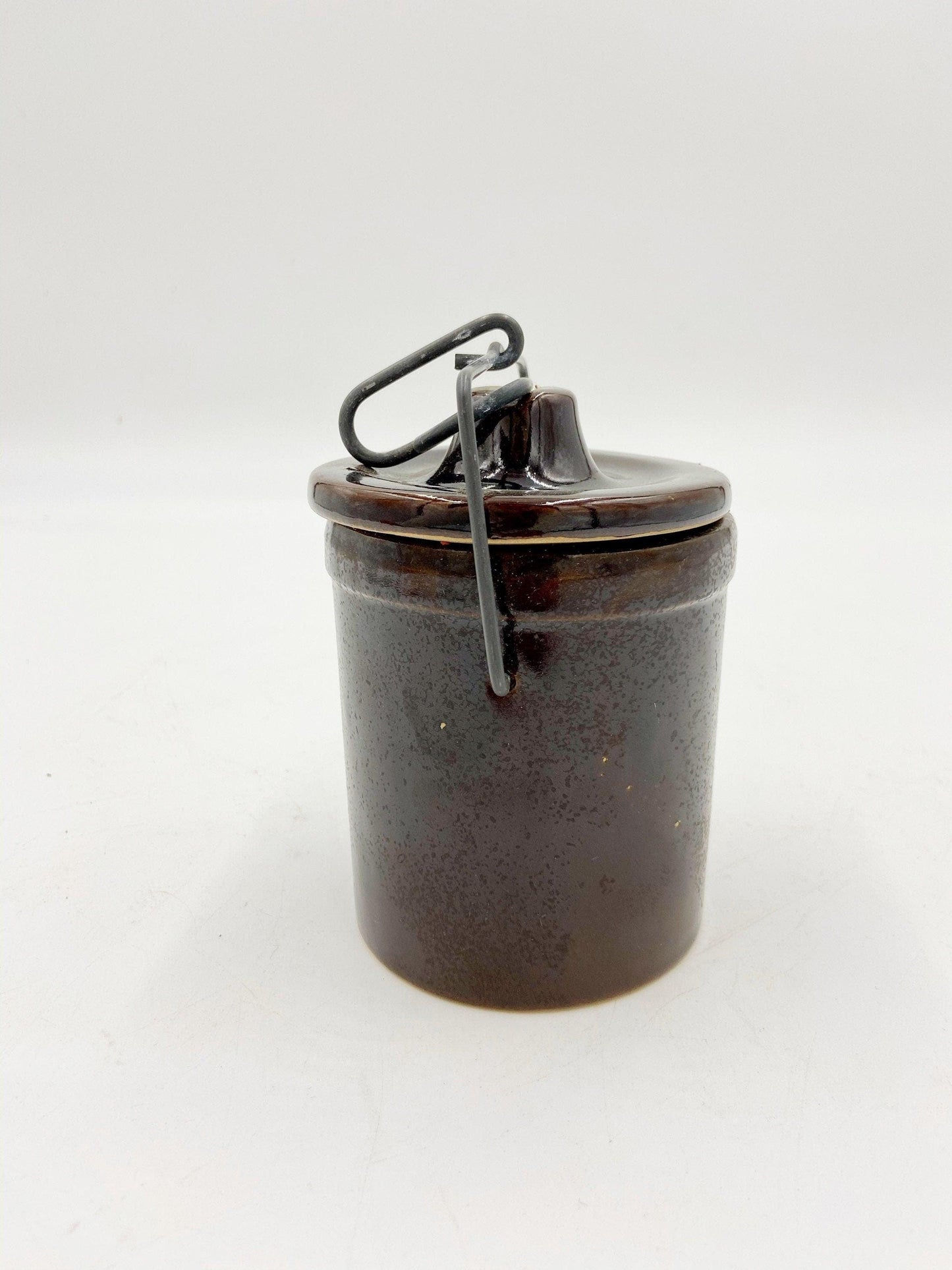 Small Vintage Stoneware Dark Brown Crock Canister, Brown With Metal Wire, Ceramic Kitchen Storage Decor, Farmhouse Country Pottery -Located at Funkyhouse Vintage Antique Store, Weiser Idaho