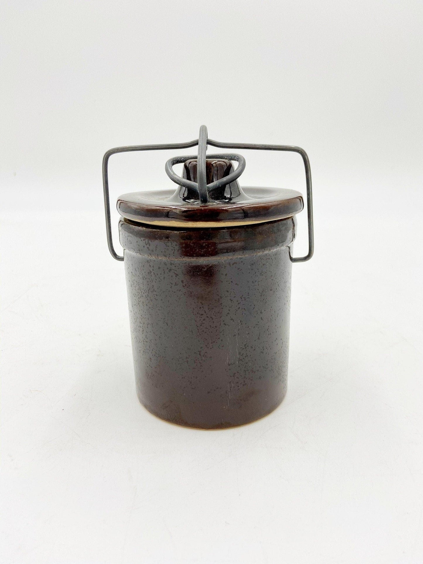 Small Vintage Stoneware Dark Brown Crock Canister, Brown With Metal Wire, Ceramic Kitchen Storage Decor, Farmhouse Country Pottery -Located at Funkyhouse Vintage Antique Store, Weiser Idaho